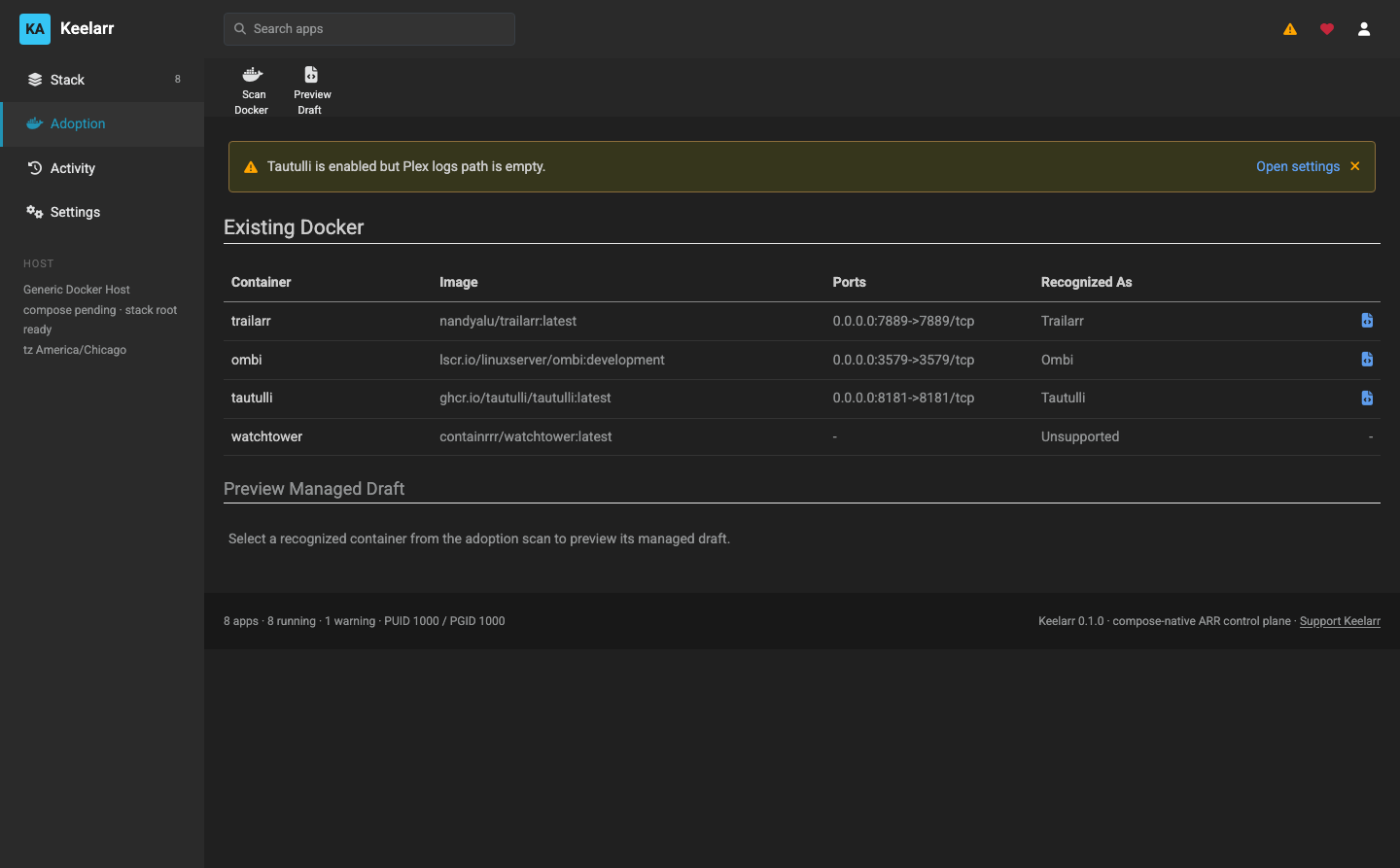 The adoption scan listing existing containers and what each was recognised as