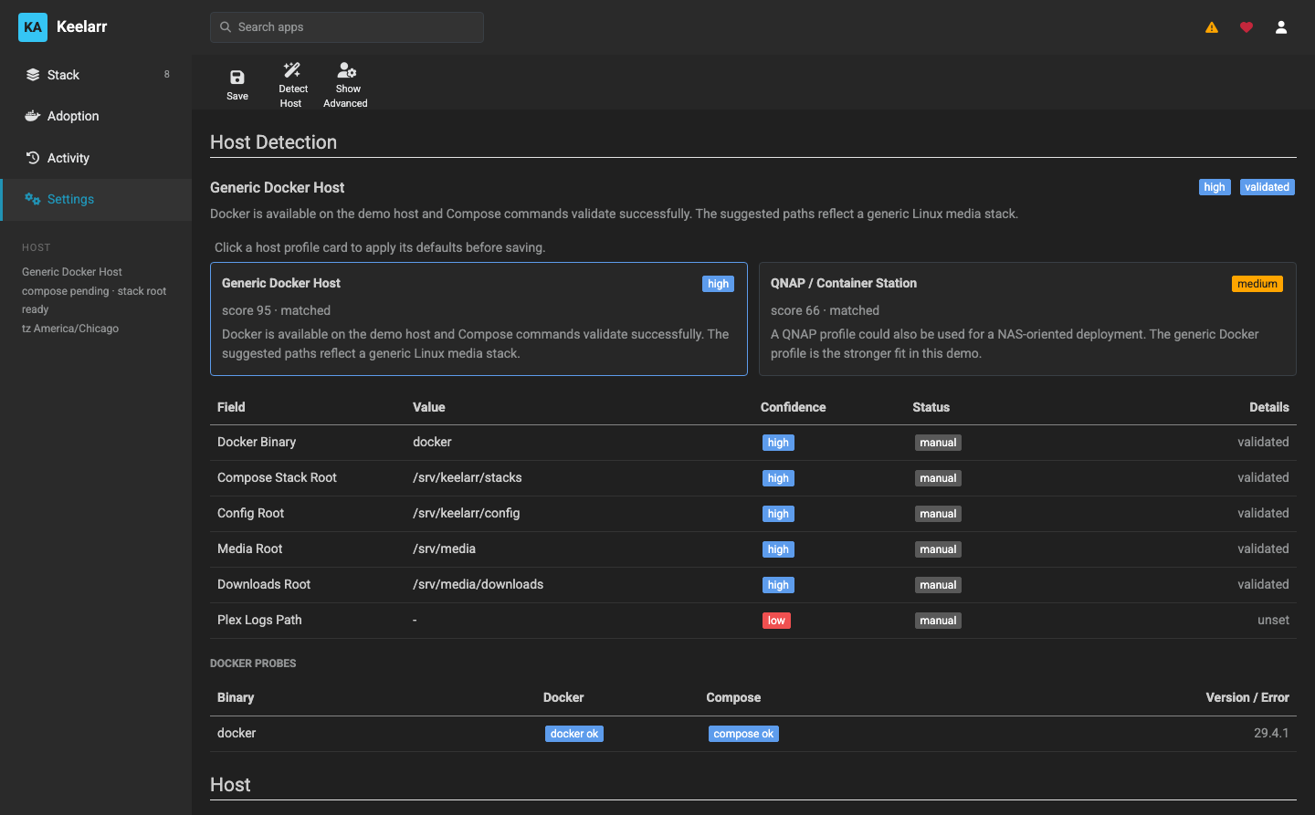 Host detection scoring two profiles, with per-field confidence