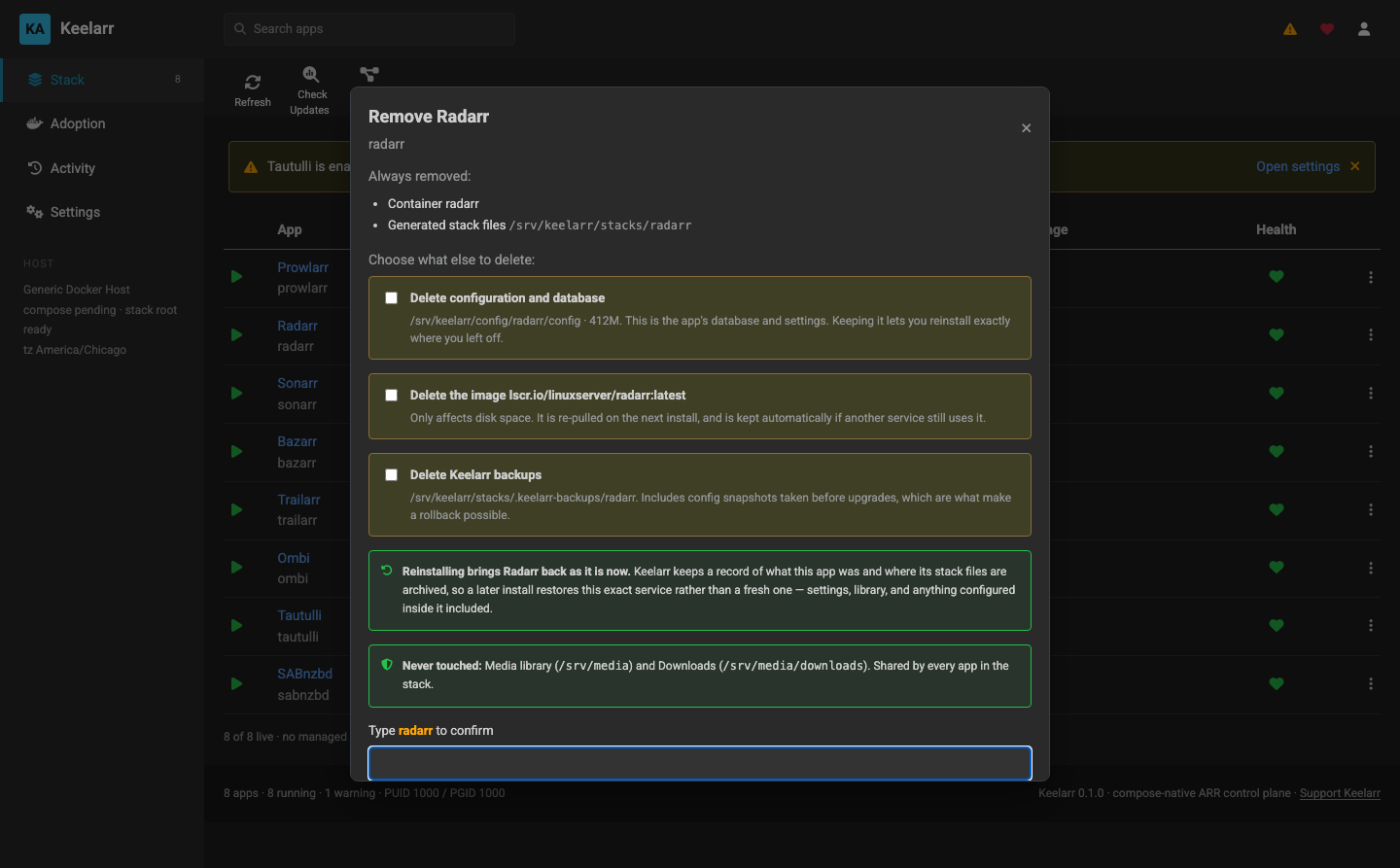The removal dialog: what is always removed, what is optional, and what is never touched