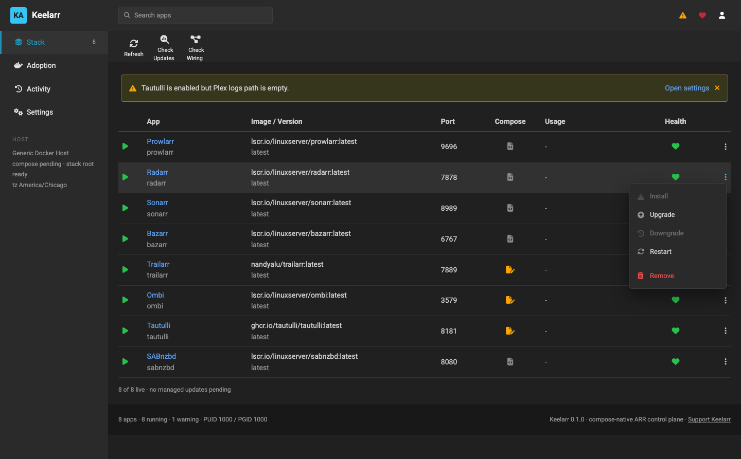 The per-service action menu, with unavailable actions greyed out