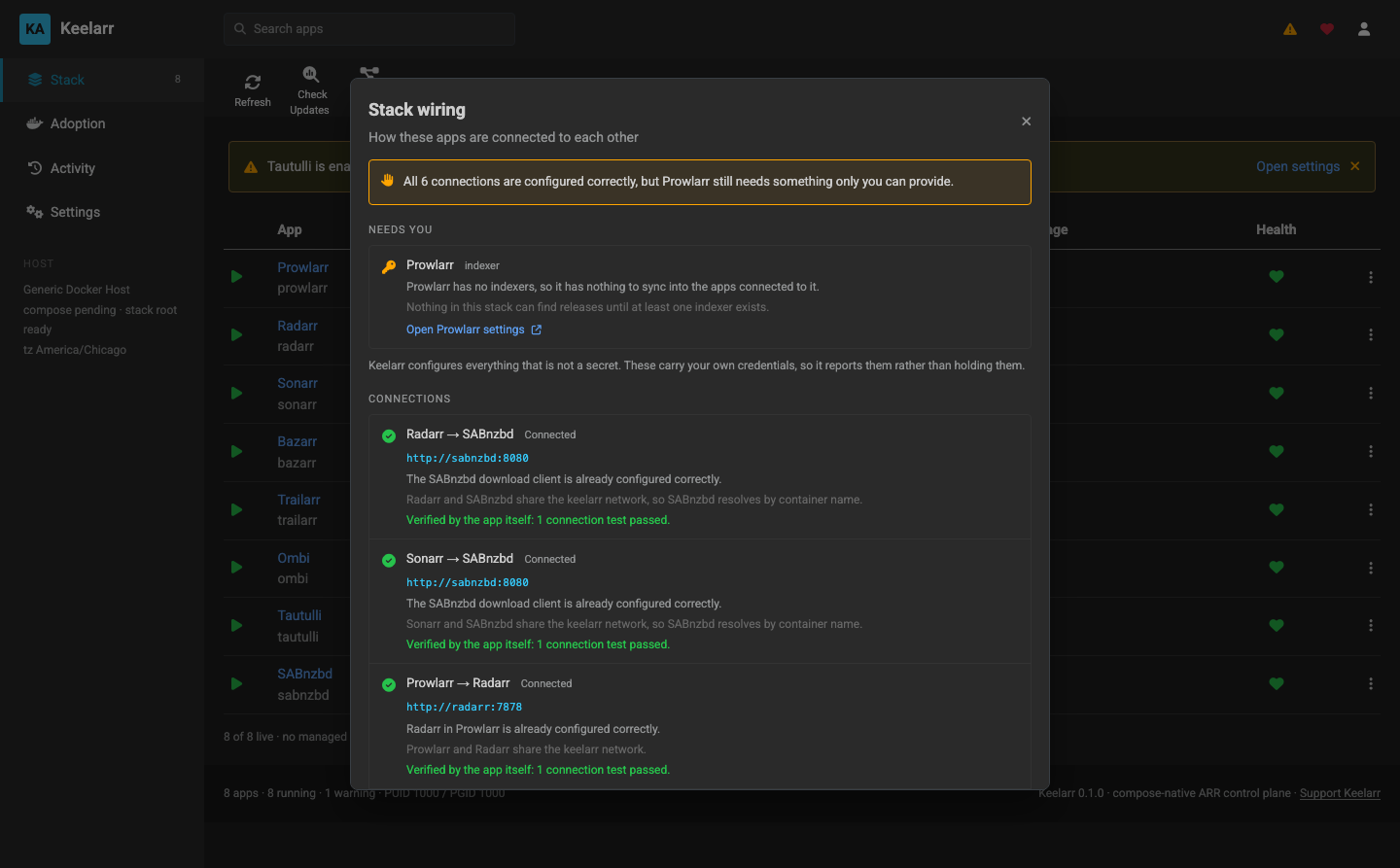 The stack wiring panel: connections confirmed, and what still needs the operator