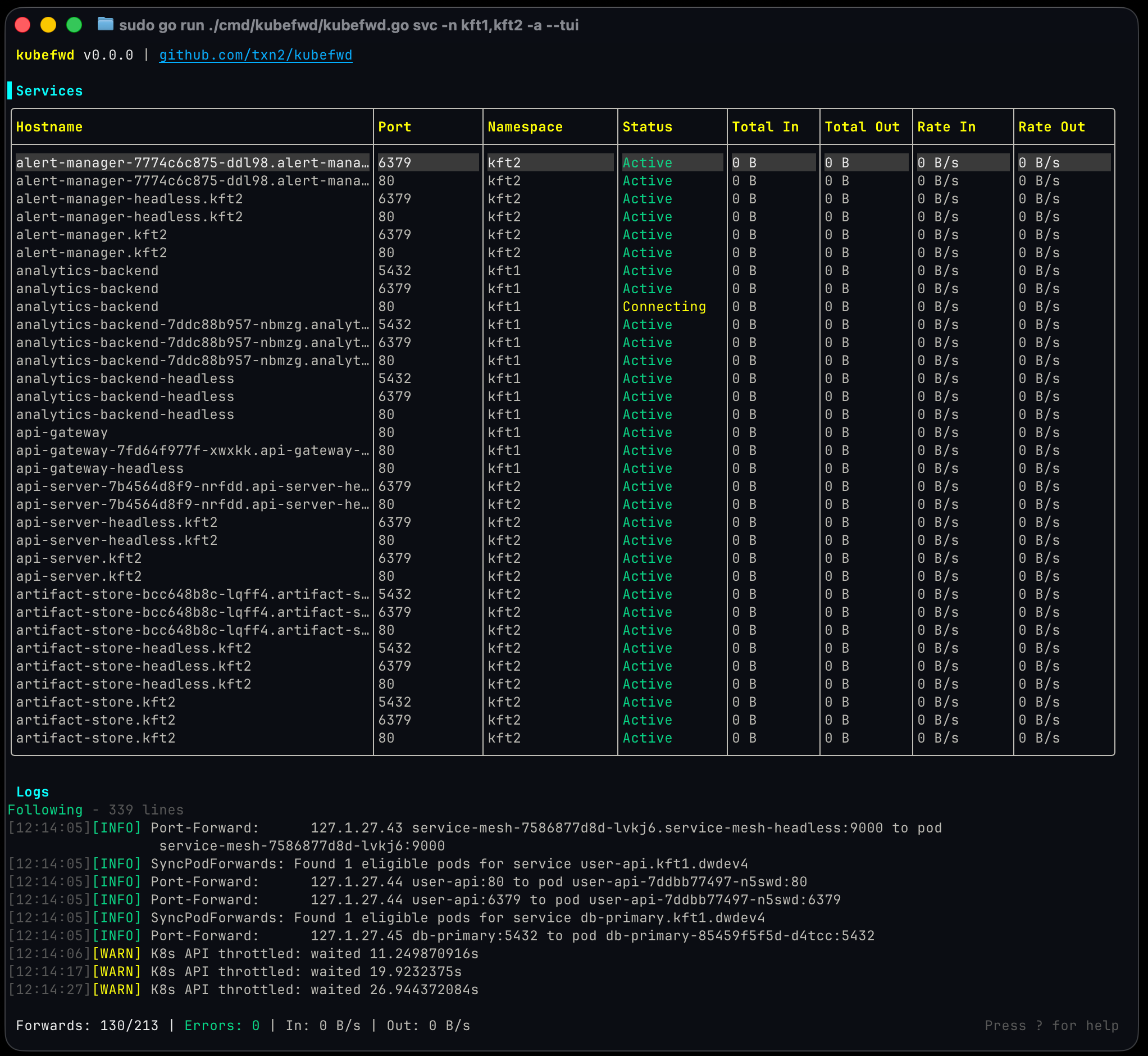kubefwd TUI - Main View