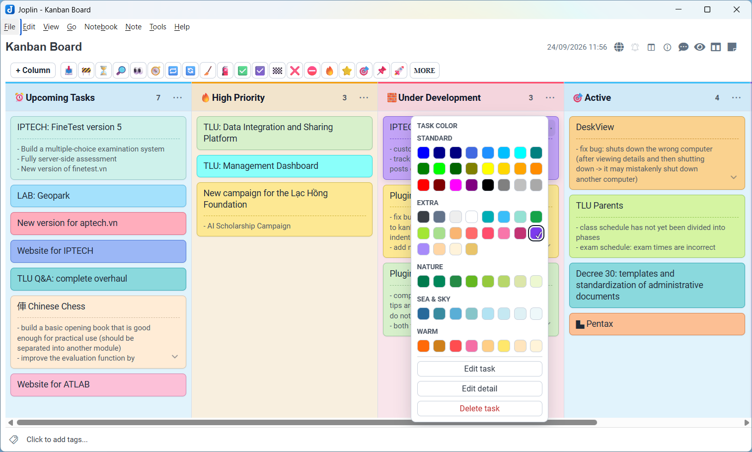 Kanban board with task details and grouped color palettes
