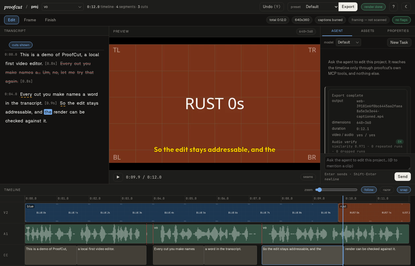 The proofcut workspace on the demo project: the transcript with a retake struck
through, the preview drawing the shot under the playhead with its captions, the
side rail on its agent tab reporting a finished render against the timeline,
and the layered timeline below — picture, waveform and captions as three
projections of one edit