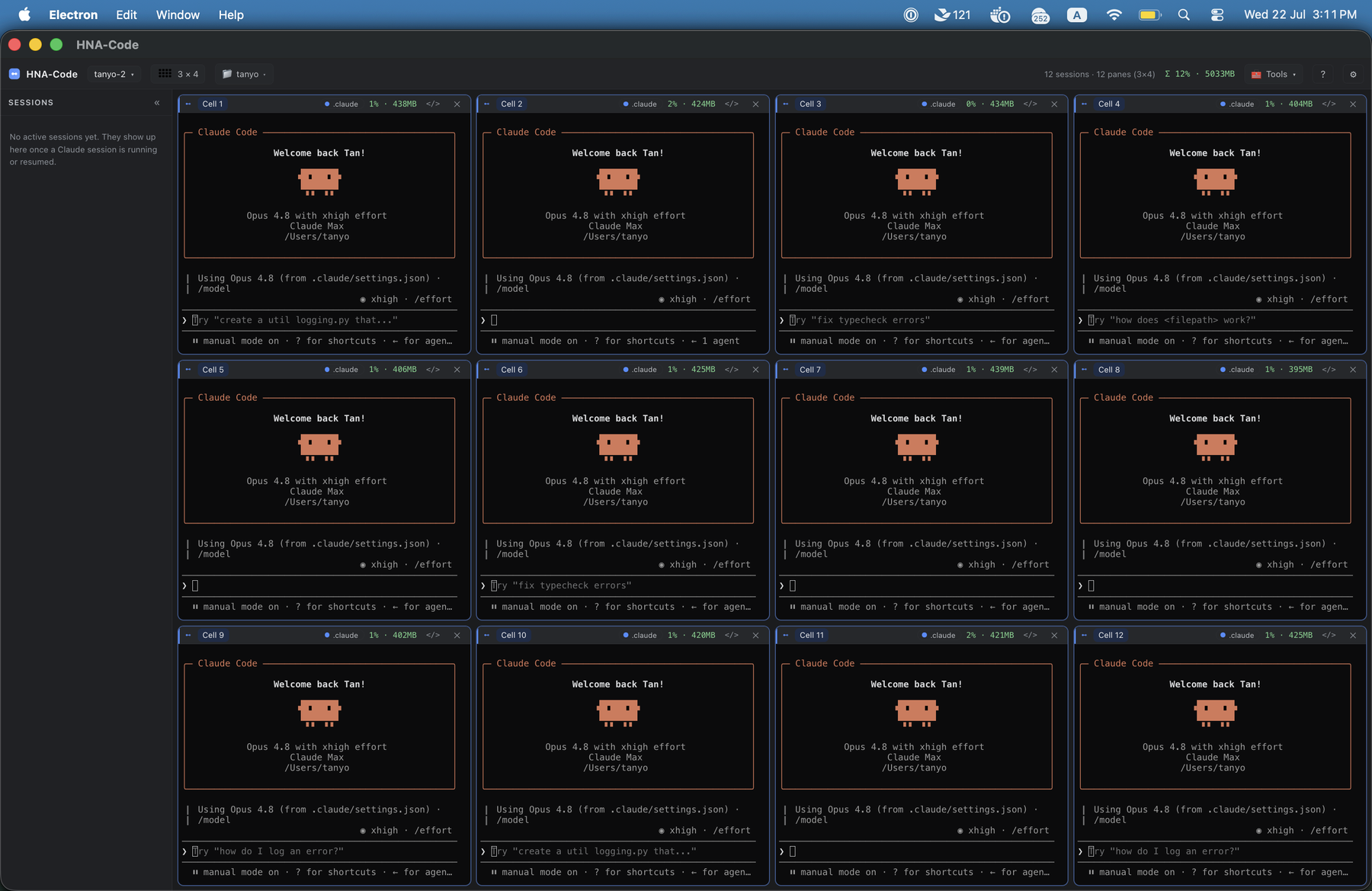 HNA-Code running twelve live Claude Code sessions in a 3x4 grid, each a real terminal, with per-cell CPU and memory in the header