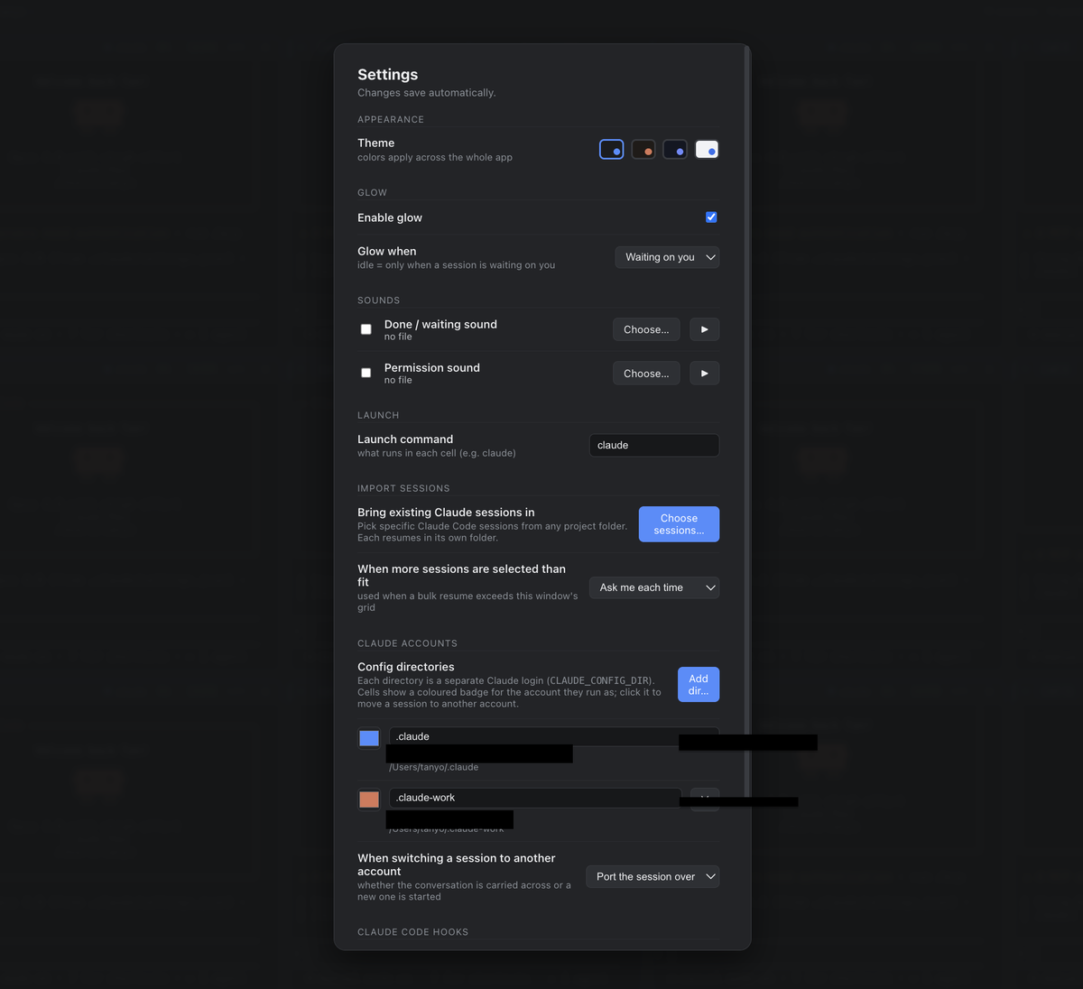 The Settings panel: theme swatches, glow toggle, custom done/permission sounds, launch command, session import, and the Claude accounts list with a port-on-switch option