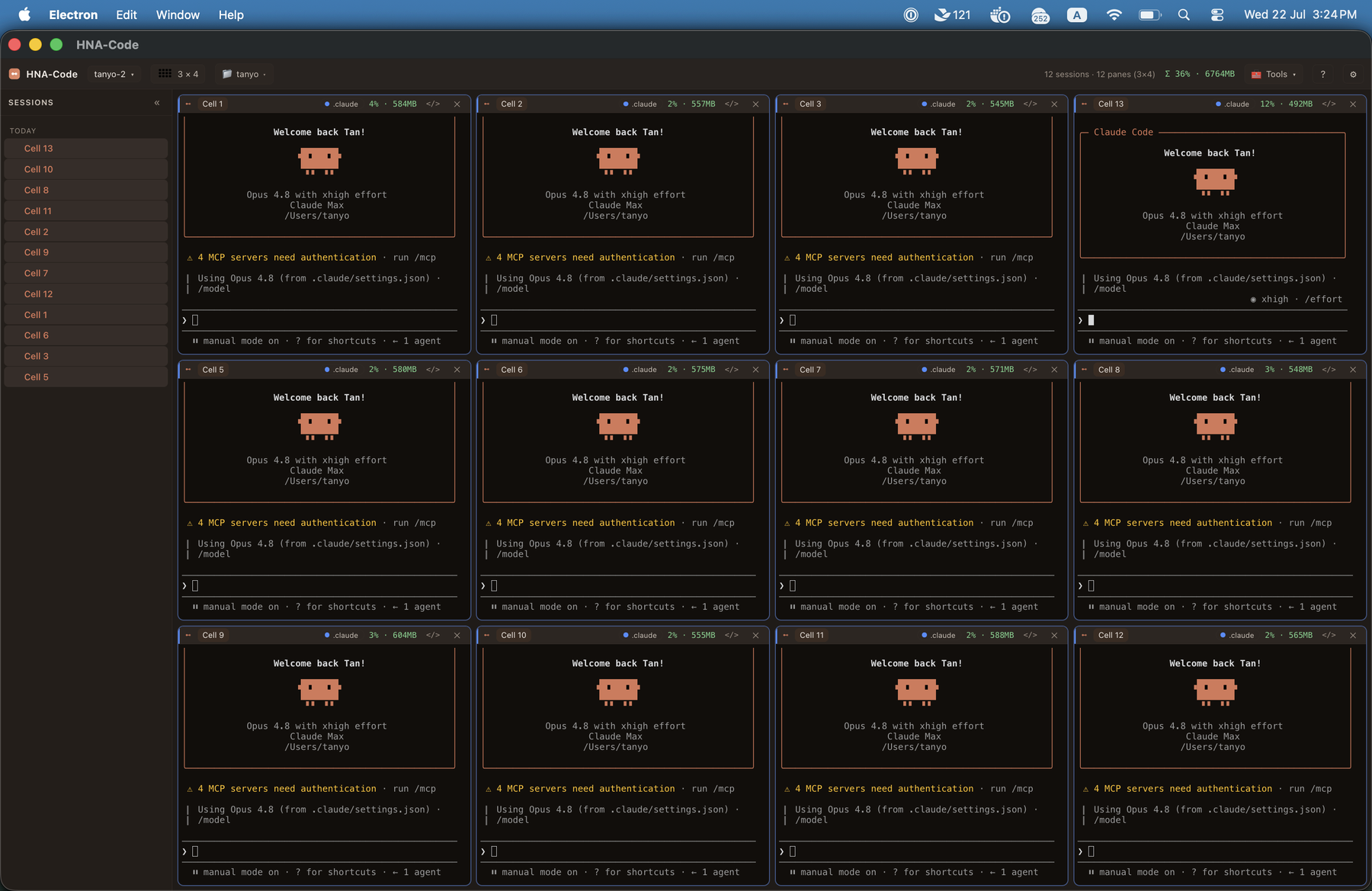 The same grid in the warm Claude theme, with per-cell CPU and memory shown in each header