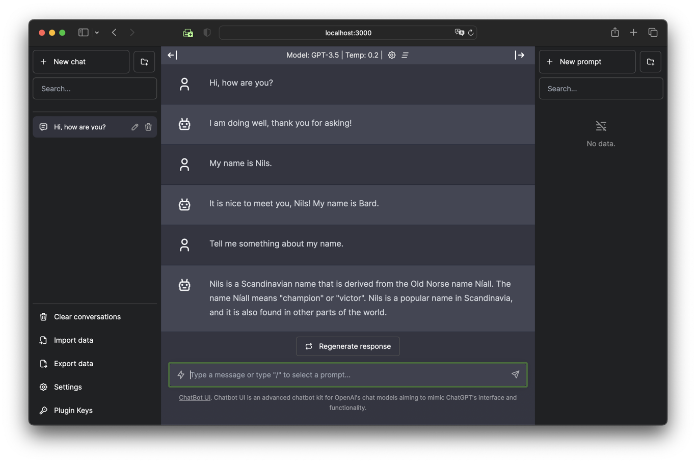 Screenshot: Chatbot UI chat