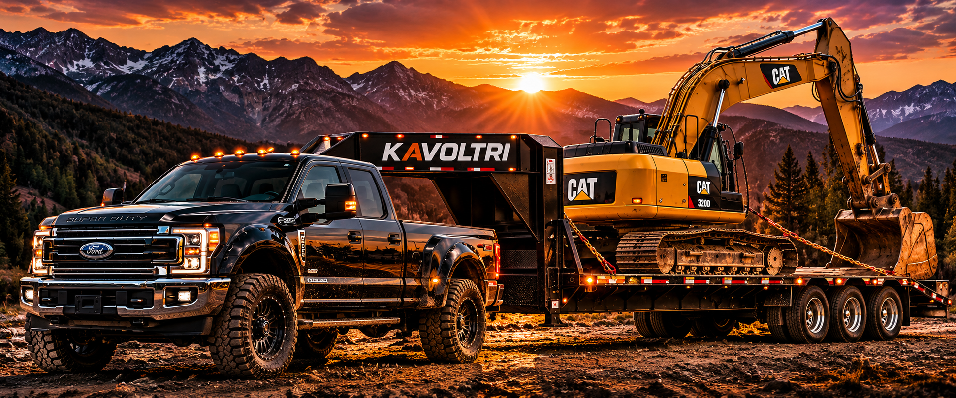 Black heavy-duty truck hauling an excavator on a trailer against a mountain sunset