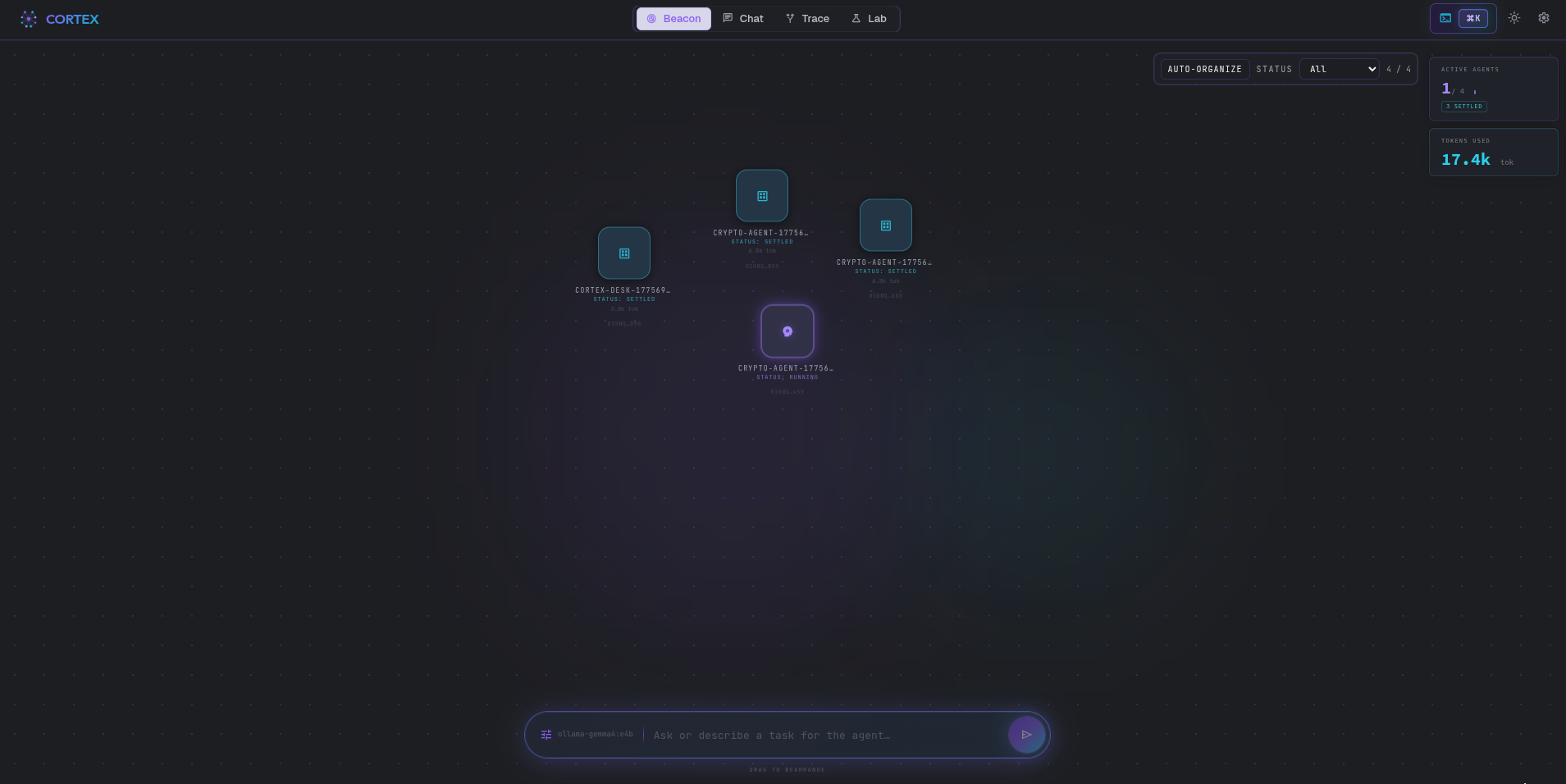 Cortex Beacon — live agent canvas with real-time cognitive state, entropy signal, and per-step token usage