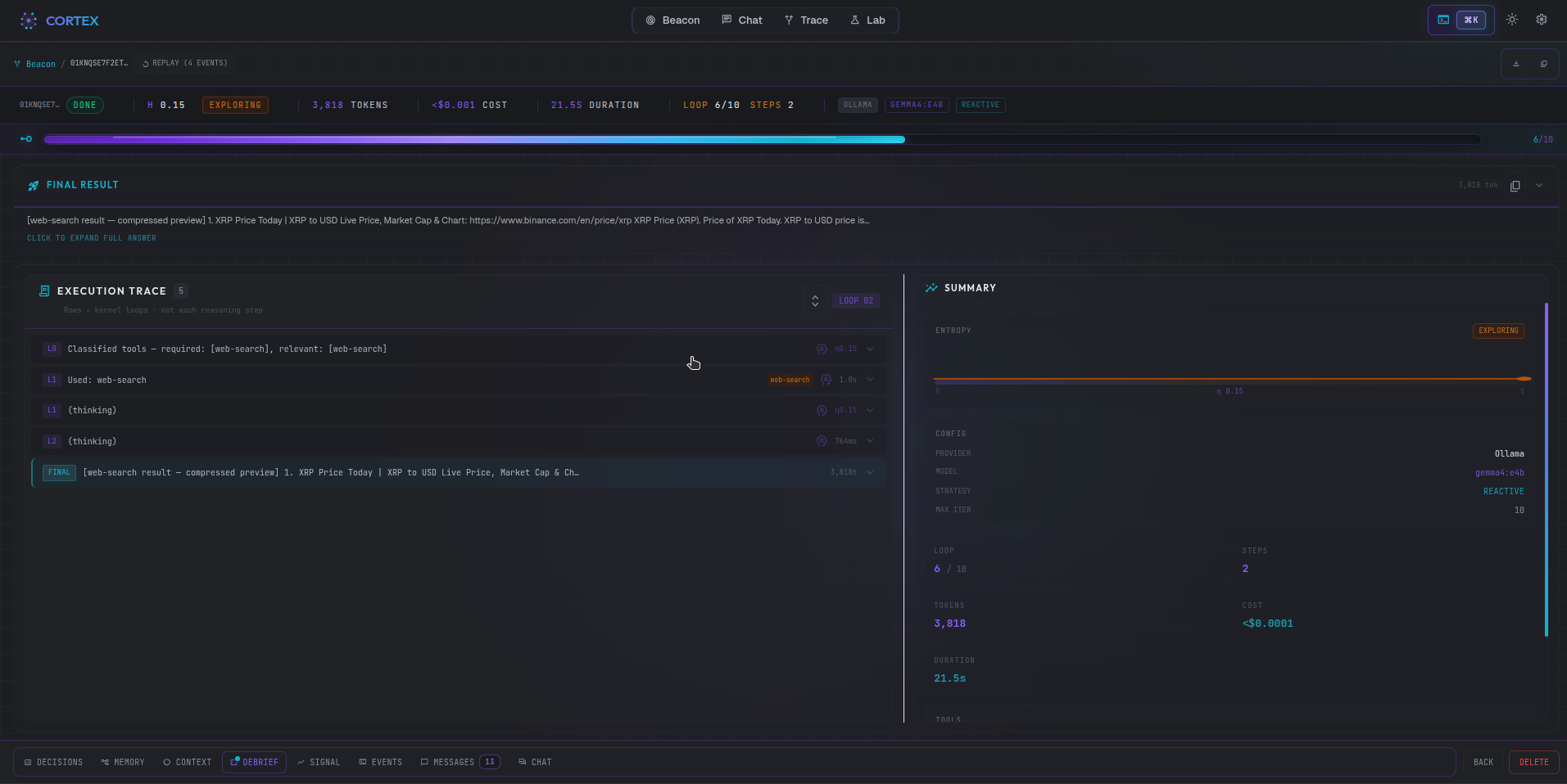 Cortex Run Details — vitals strip, full execution trace, and AI-generated debrief summary