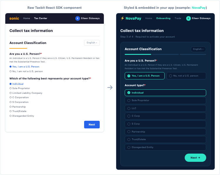 The TaxbitQuestionnaire component rendered with default styling (left) and embedded inside a branded host application (right)