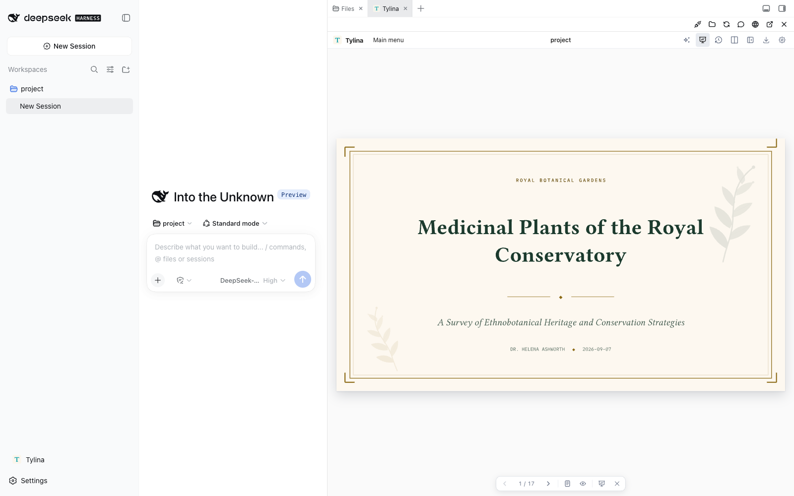 An academic presentation open beside the DeepSeek Harness conversation