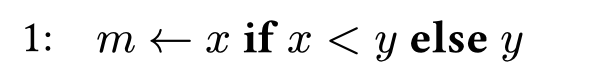 image of an ifelseinline expression with condition x < y, true expression x, and false expression y being assigned to m