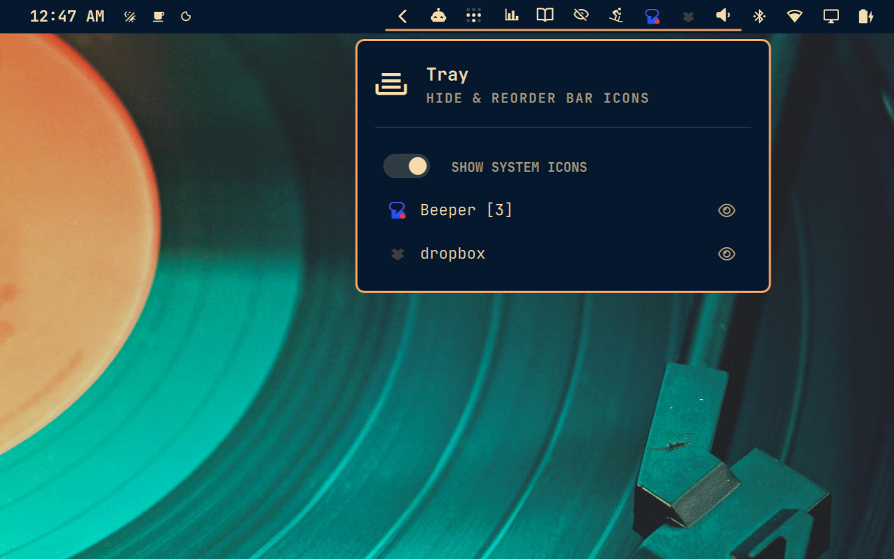The tray's drawer and manage popup