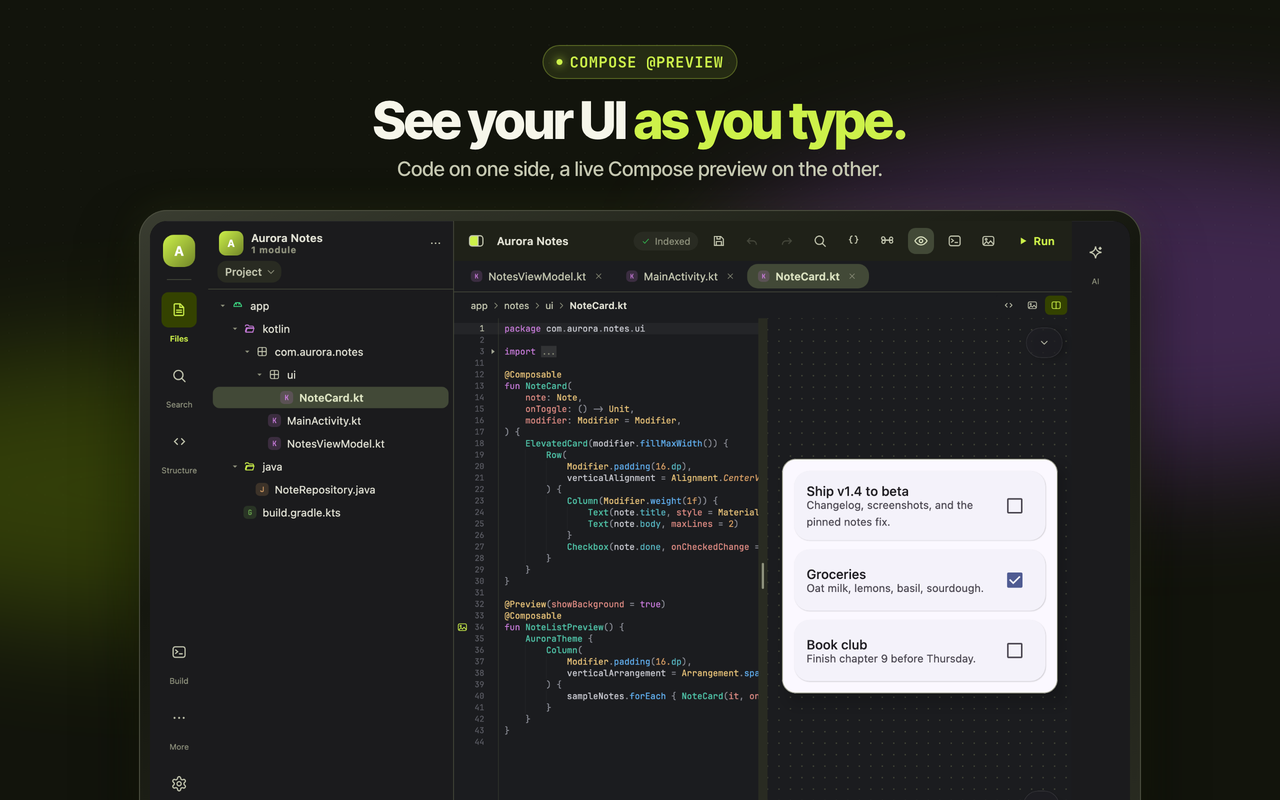 CodeAssist on a tablet: file tree, code, and a live Compose preview