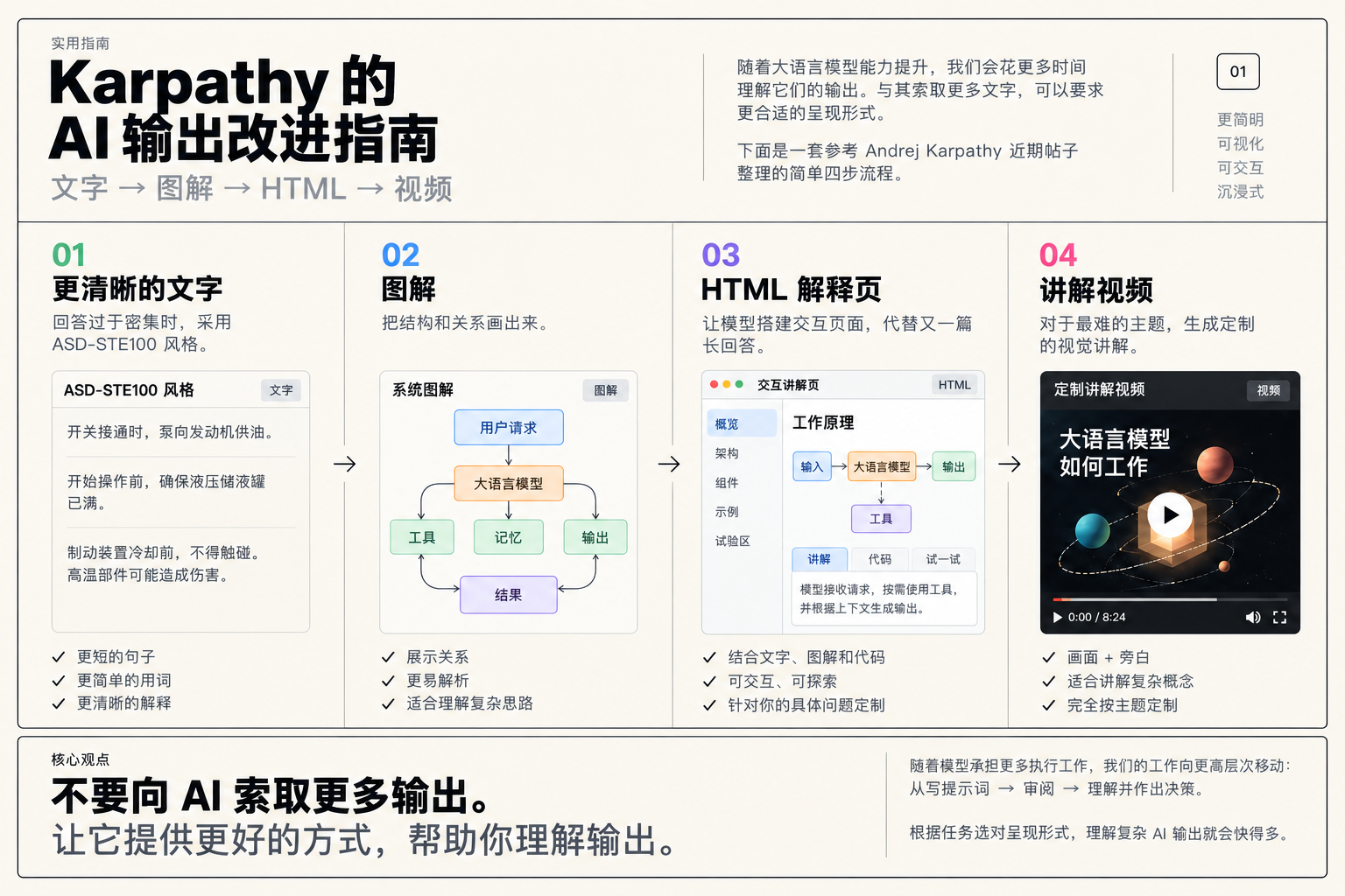 Karpathy AI 输出改进指南中文概览：文字、图解、HTML 解释页与讲解视频