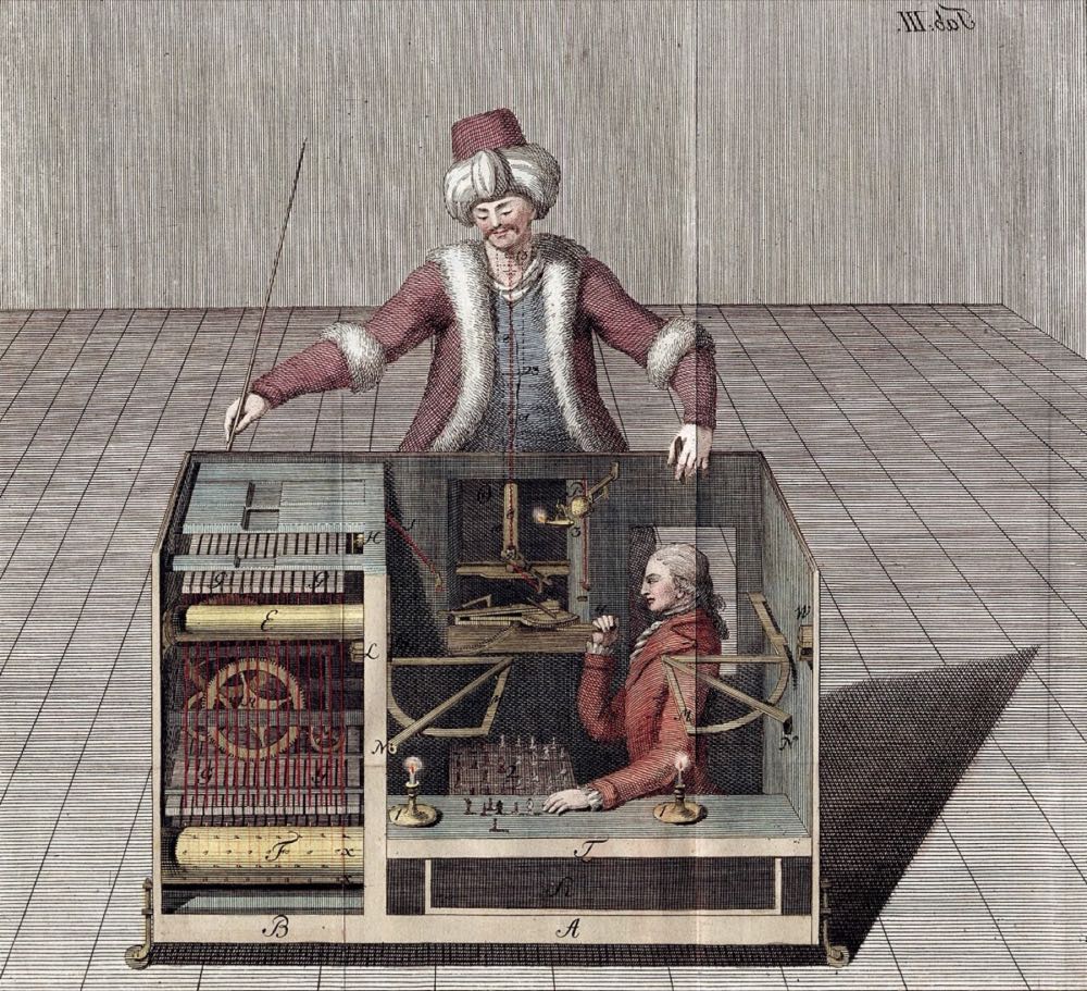 Cutaway engraving of Kempelen's chess automaton: a turbaned figure leans over a chessboard on a cabinet, and inside the cabinet, among gears and rollers, a man sits at a second board working the machine