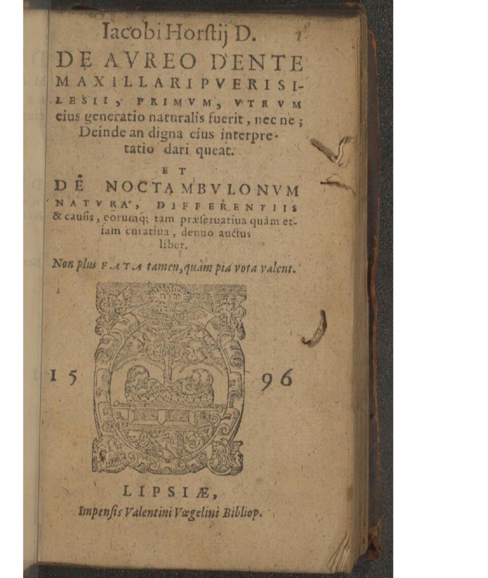 Title page of Jakob Horst's 1596 treatise on the golden tooth of the Silesian boy