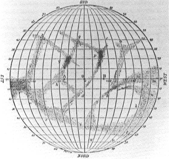 Schiaparelli's 1889 map of Mercury: a circular projection ruled with meridians and marked SUD, NORD, EST and OUEST, its dusky streaks lettered, drawn on the assumption that the planet keeps one face to the Sun