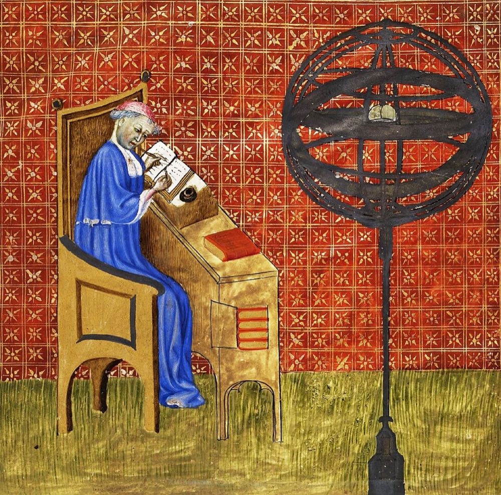 Medieval manuscript miniature of Nicole Oresme seated at a writing desk, with an armillary sphere beside him