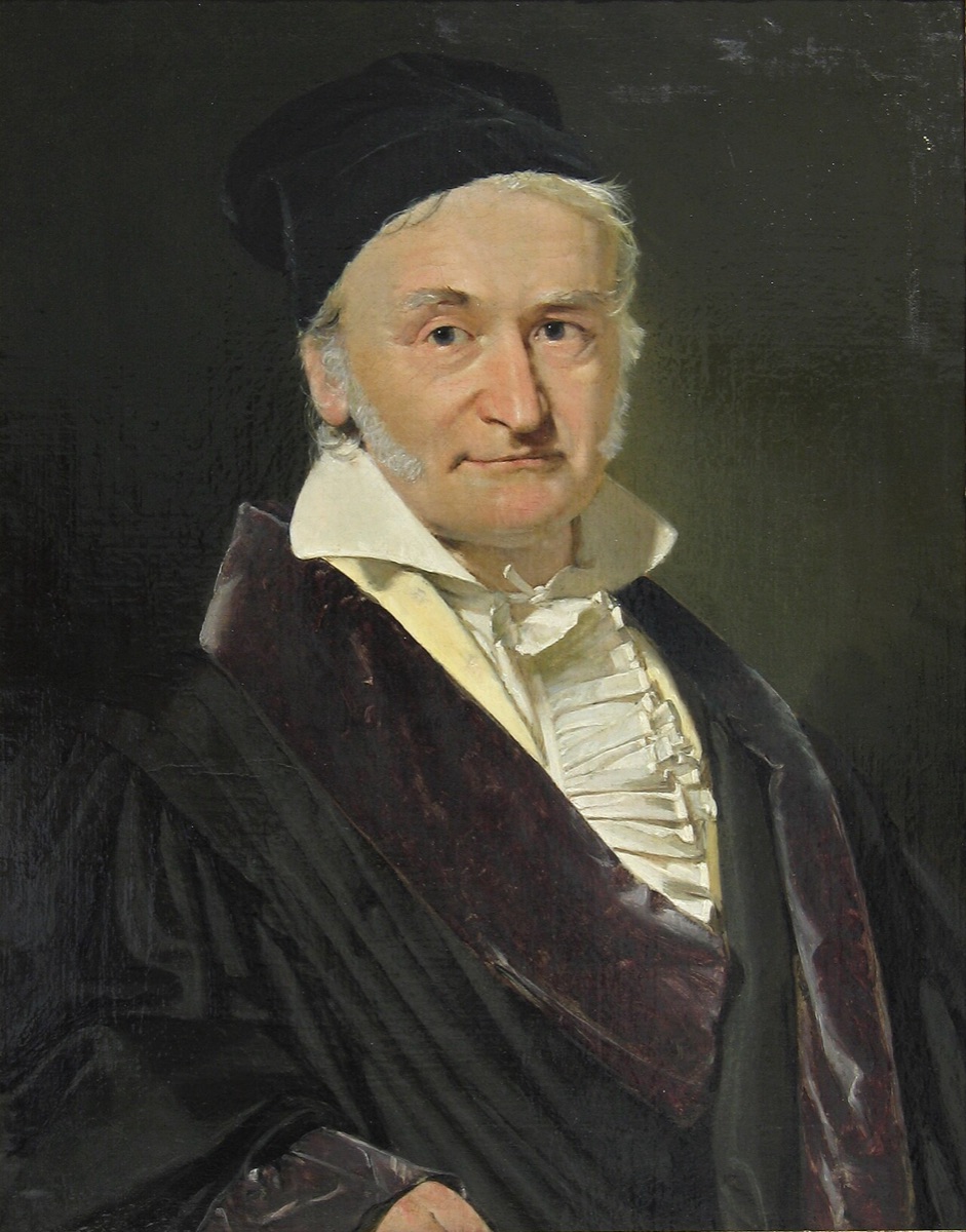 Oil portrait of an elderly Carl Friedrich Gauss in a black velvet cap, dark coat and white ruffled collar, painted in 1840