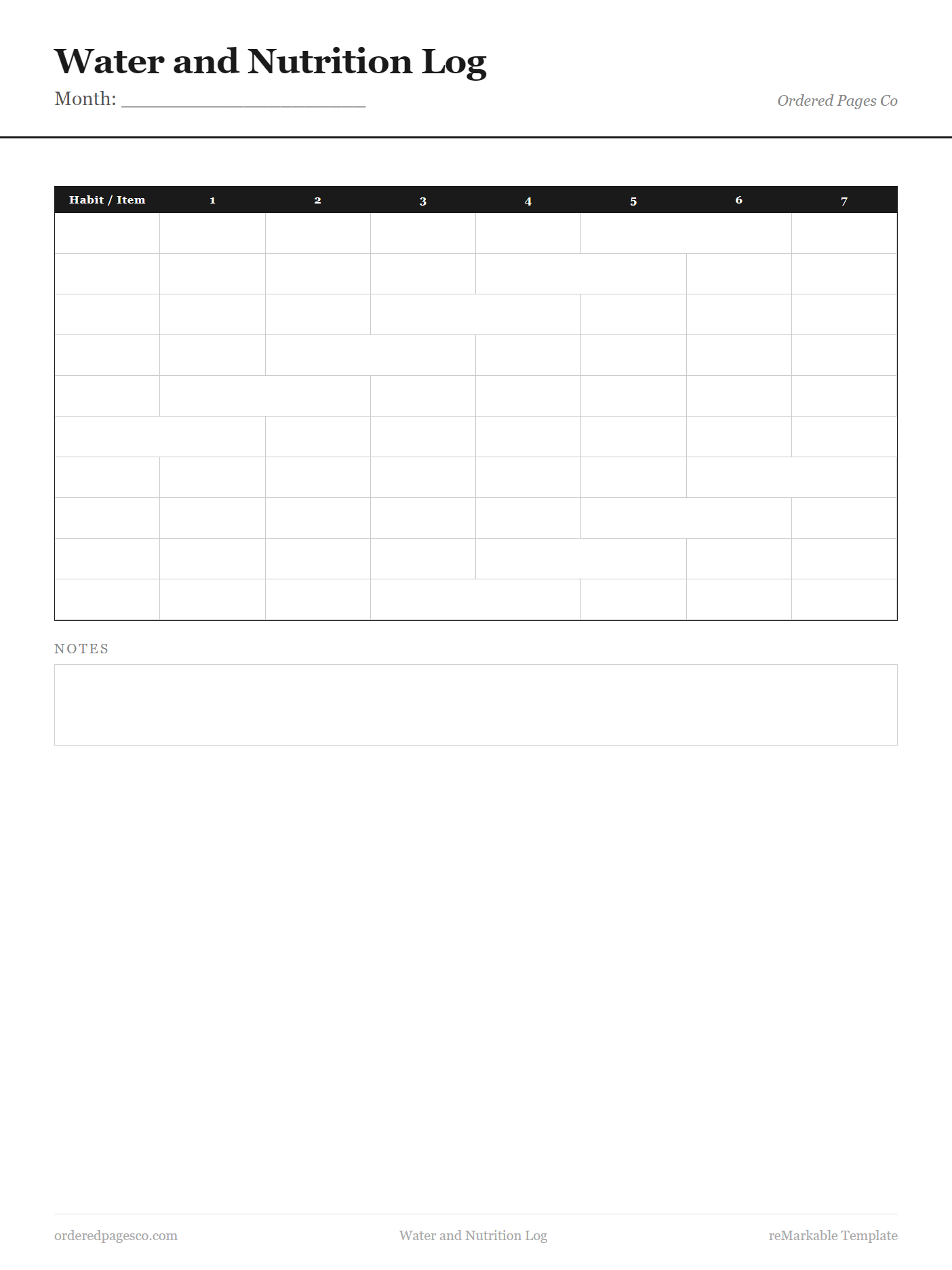 Water and Nutrition Log template preview
