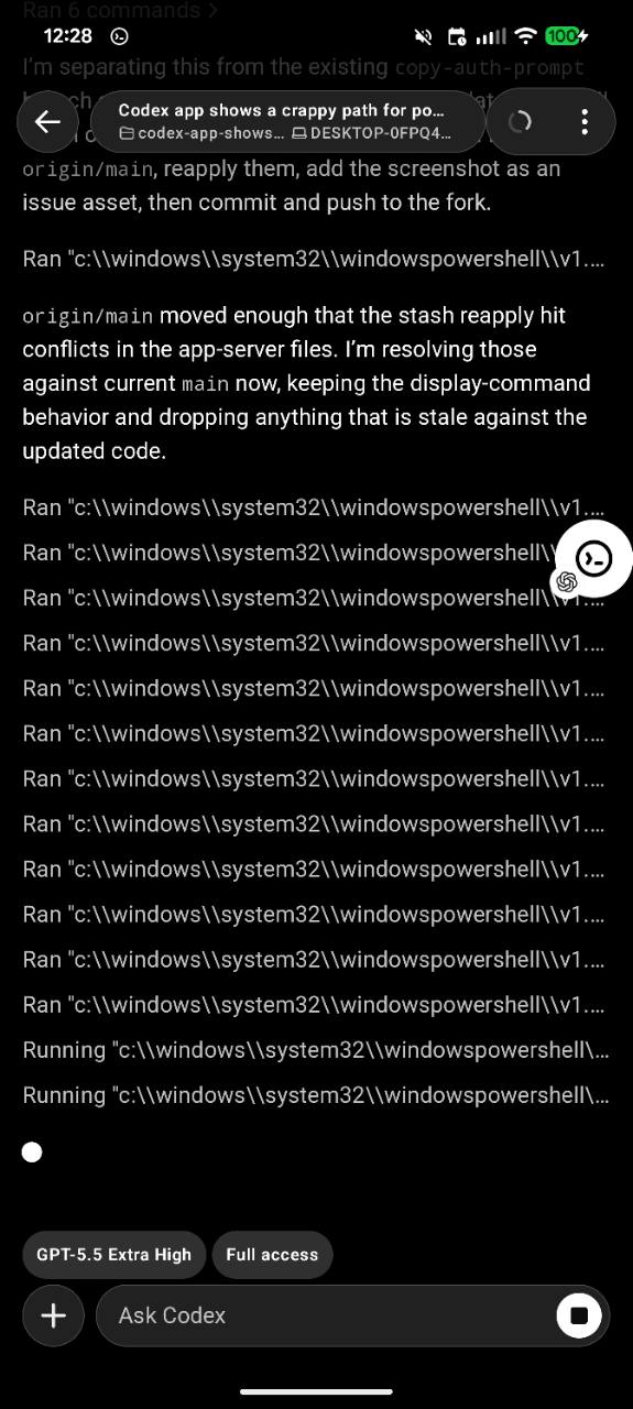 Repeated mobile command rows showing truncated full PowerShell path