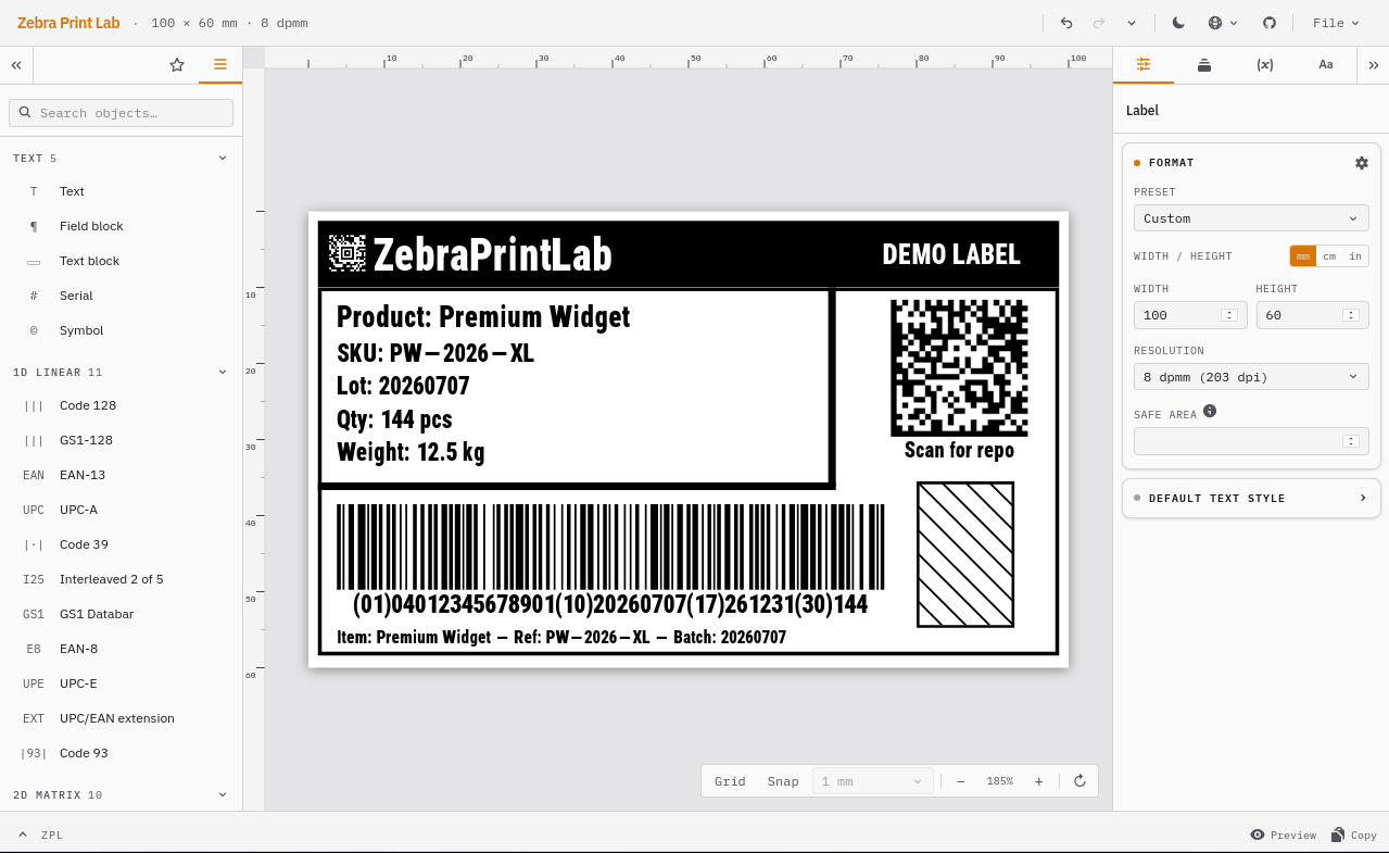 ZPLab: designer with a sample label