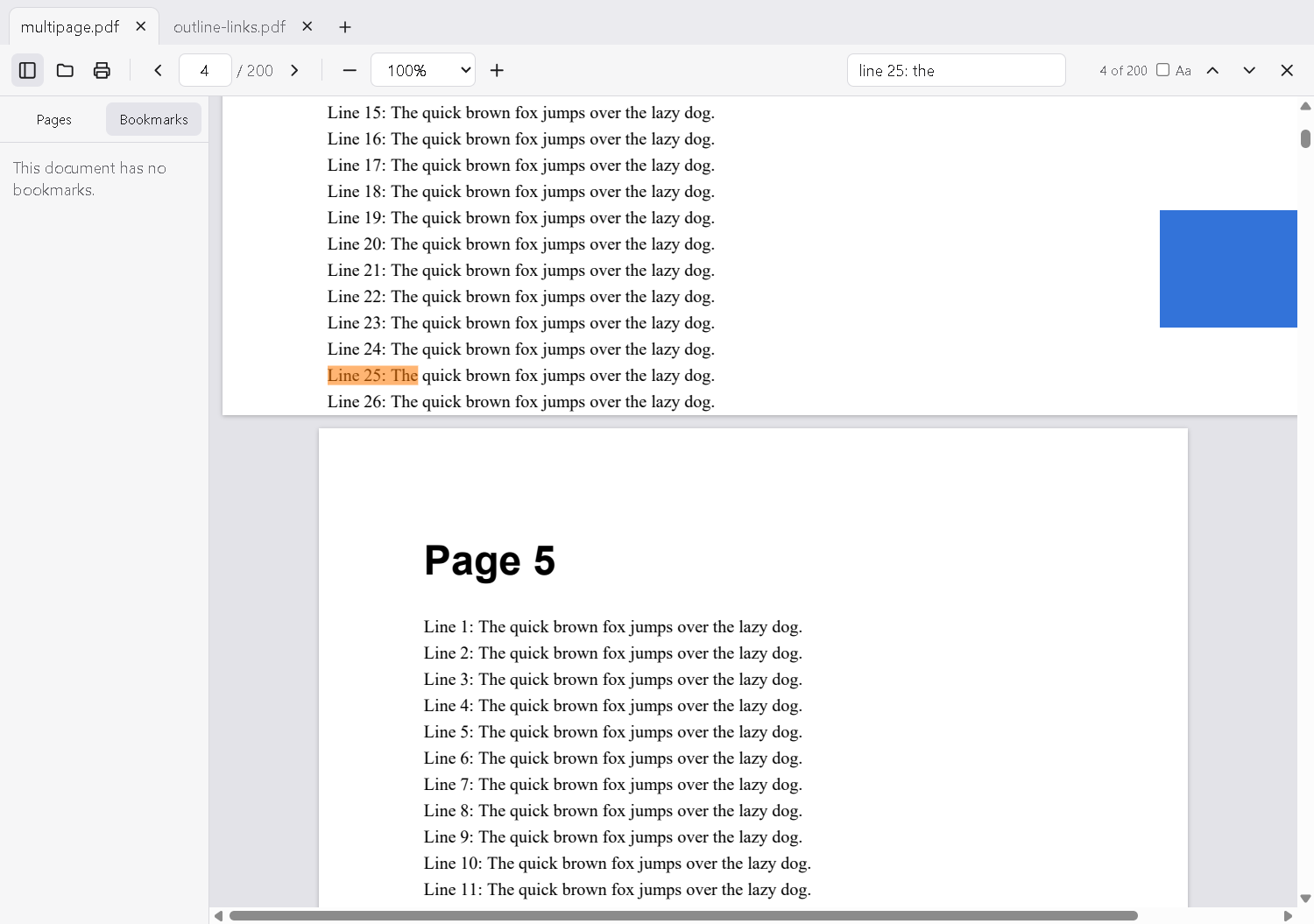 Yet Another PDF Editor showing a document with page thumbnails and search results highlighted