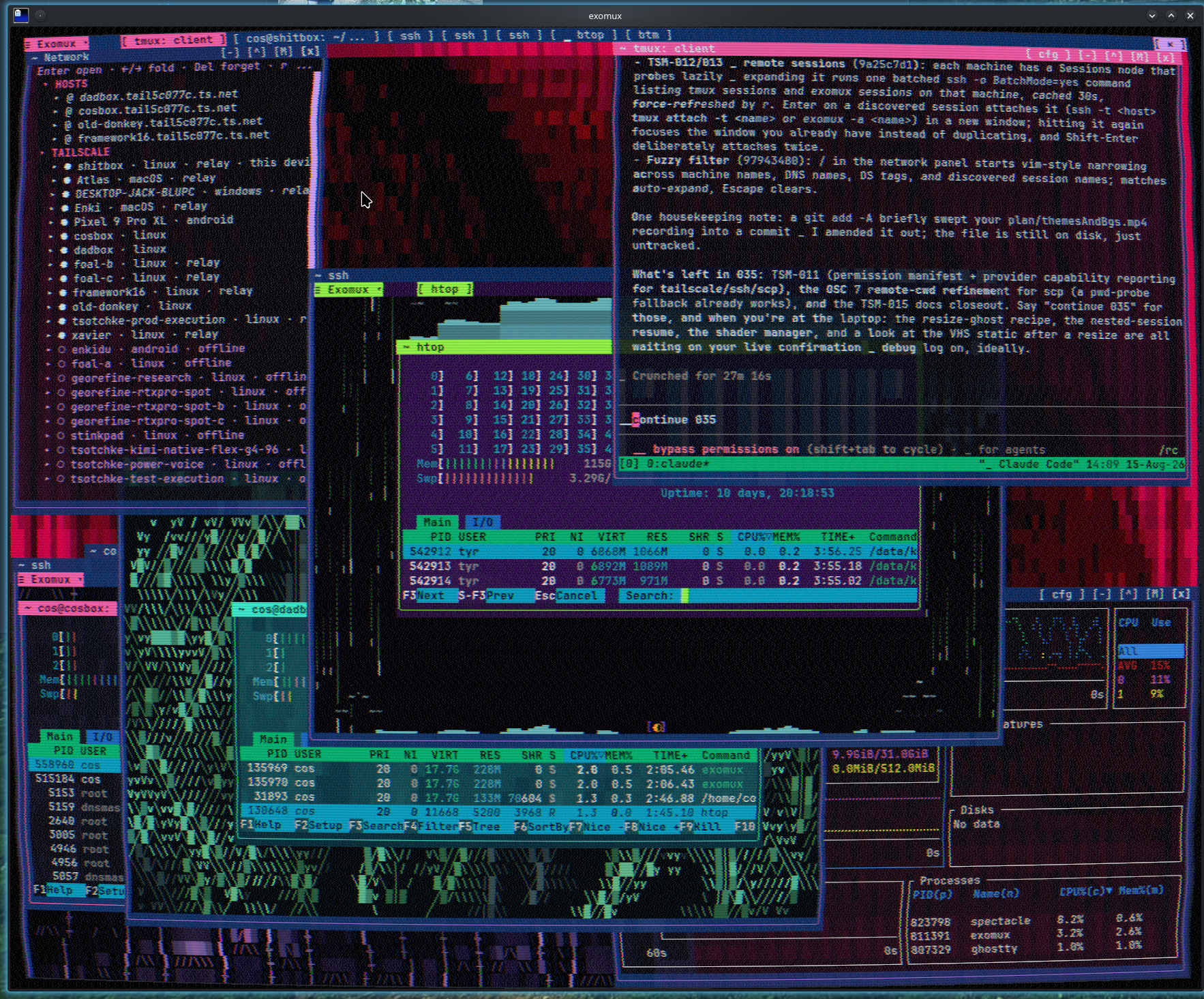 The exomux desktop: transparent stacked terminal windows, the network panel, htop over animated backgrounds, all under a CRT/VHS shader