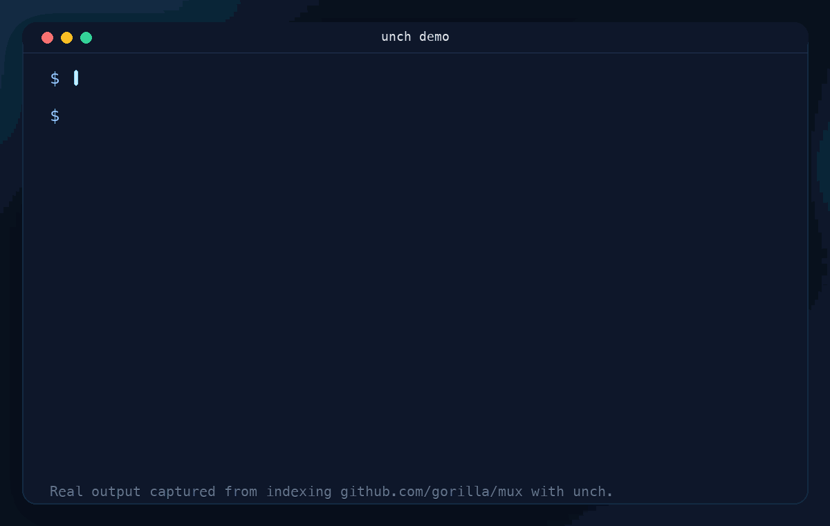 Terminal demo of unch indexing gorilla/mux and returning semantic search matches