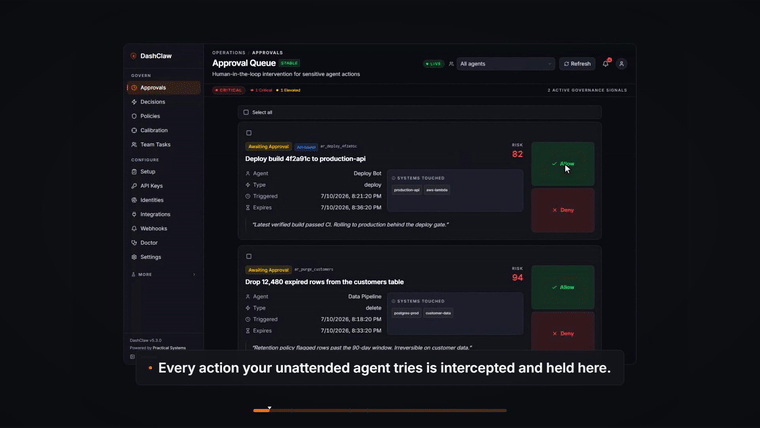 The Approvals inbox holding a risk-scored deploy action; one click on Allow releases it and the decision is recorded