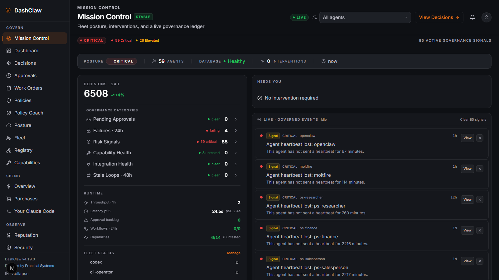Mission Control: fleet posture summary, governance categories, runtime stats, and a live stream of governed events for 58 agents
