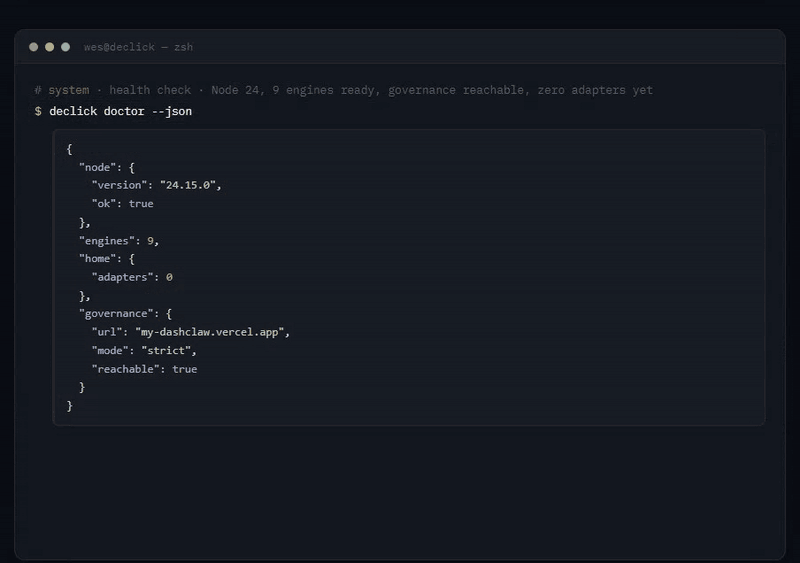 declick compiling the National Weather Service, Openverse, a GraphQL API, a SQLite database, the gh binary, an MCP server and GitHub's 1,224-verb REST spec, then making live calls, hitting a governance block, and listing the audit log