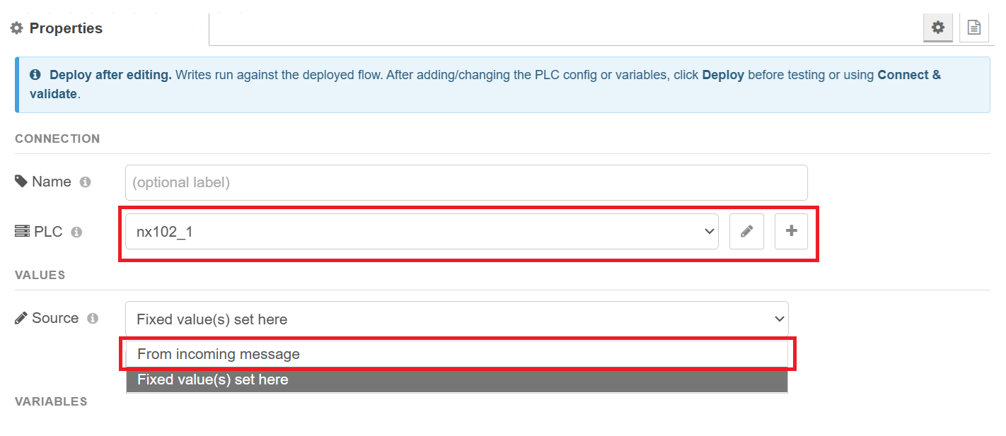 PLC selected; Source = From incoming message vs Fixed value(s)