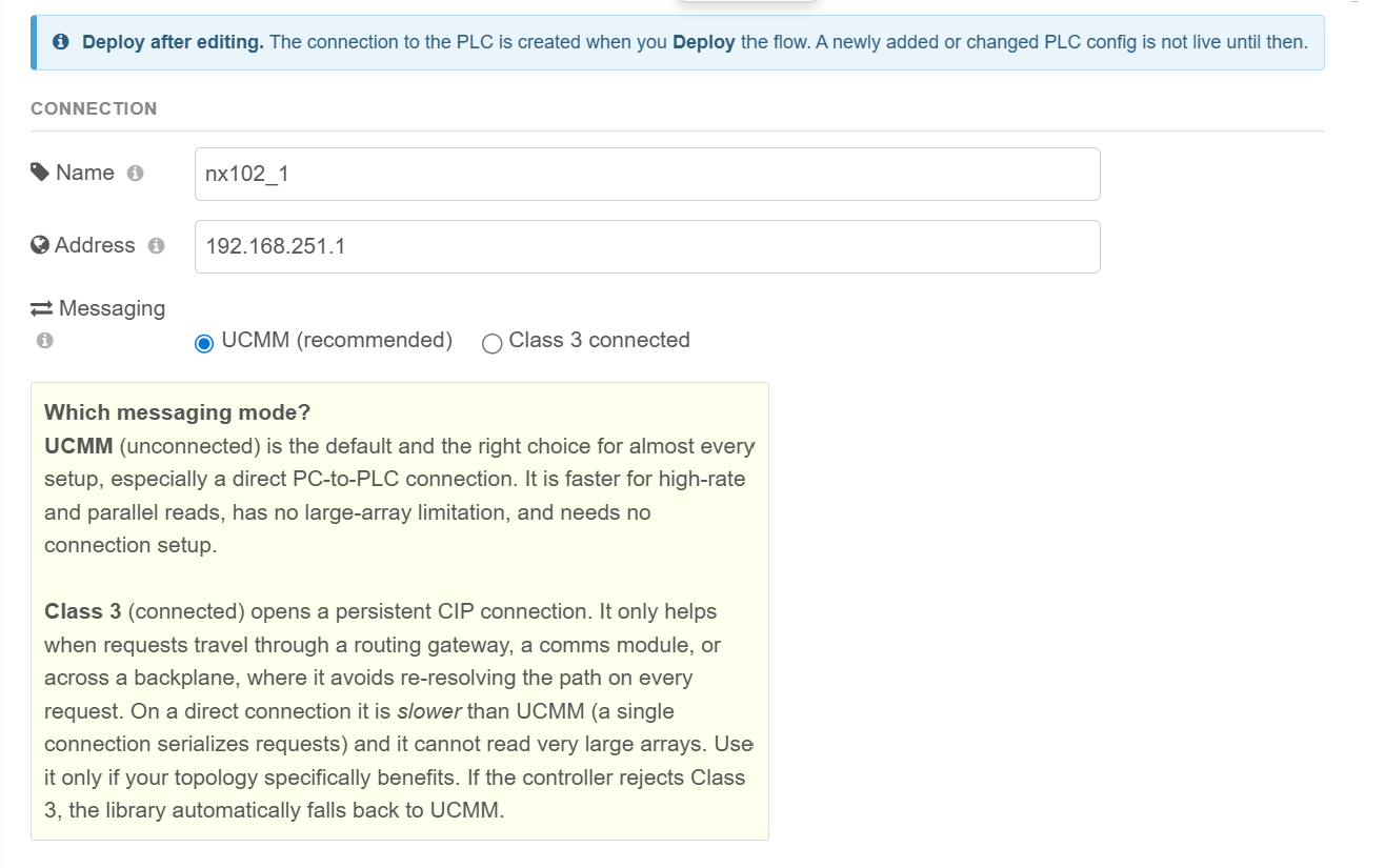 Naming the PLC, entering the IP, choosing UCMM or Class 3