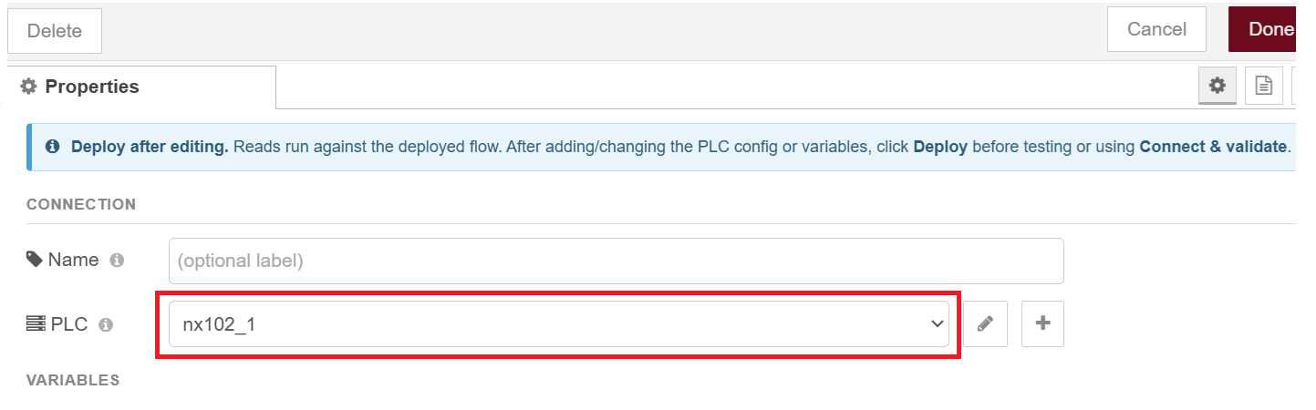 Selecting the PLC connection in a read or write node
