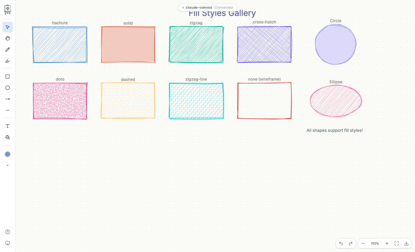 Fill styles gallery — hachure, solid, zigzag, cross-hatch, dots