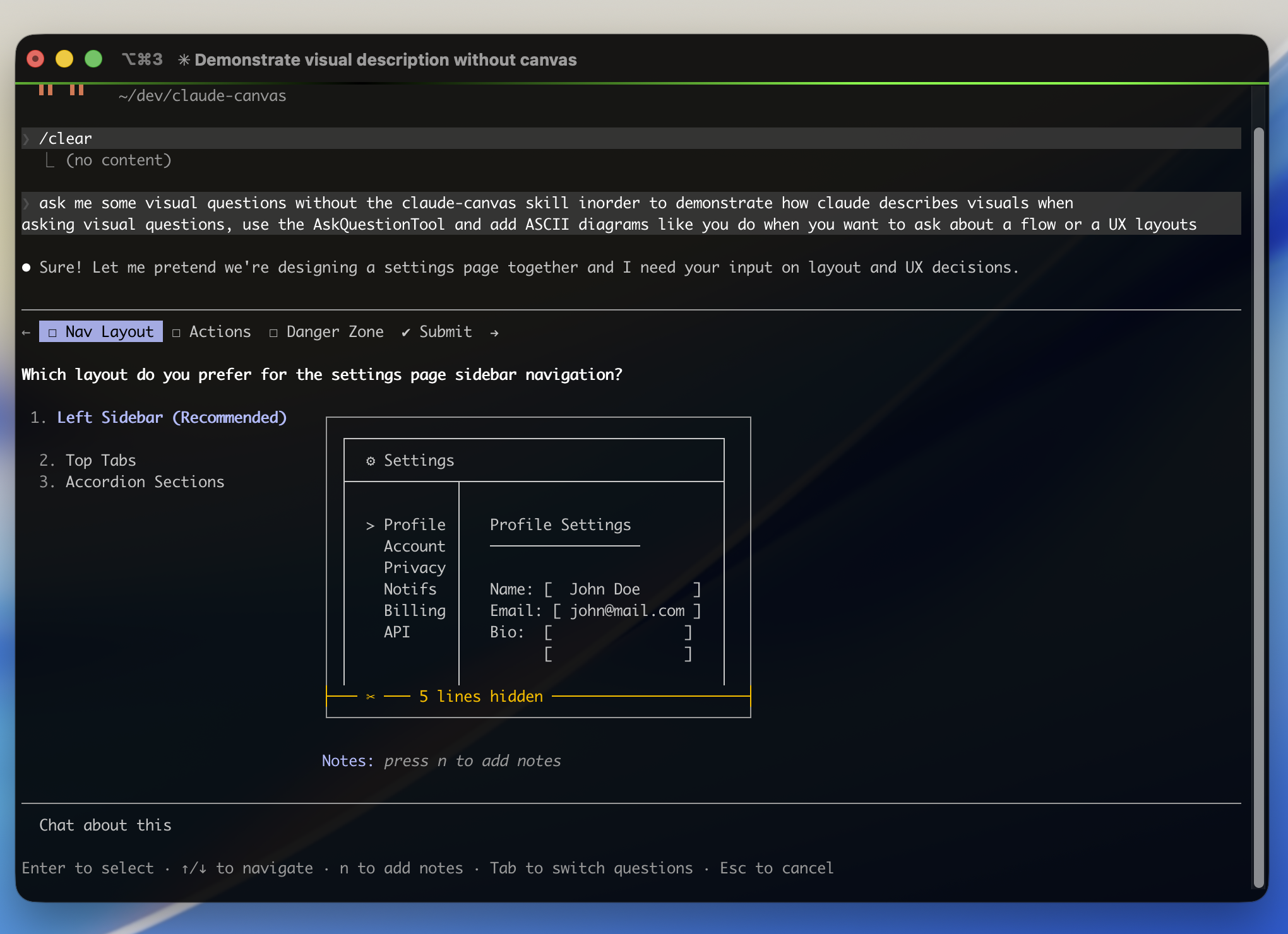Terminal — Claude asks visual questions as ASCII text
