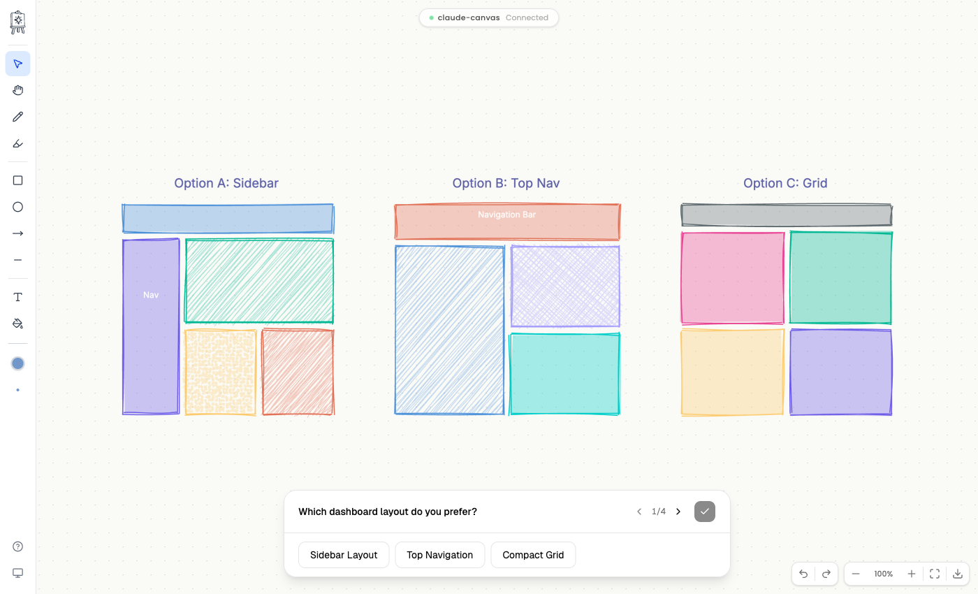 Canvas — Claude draws layout options, user picks one