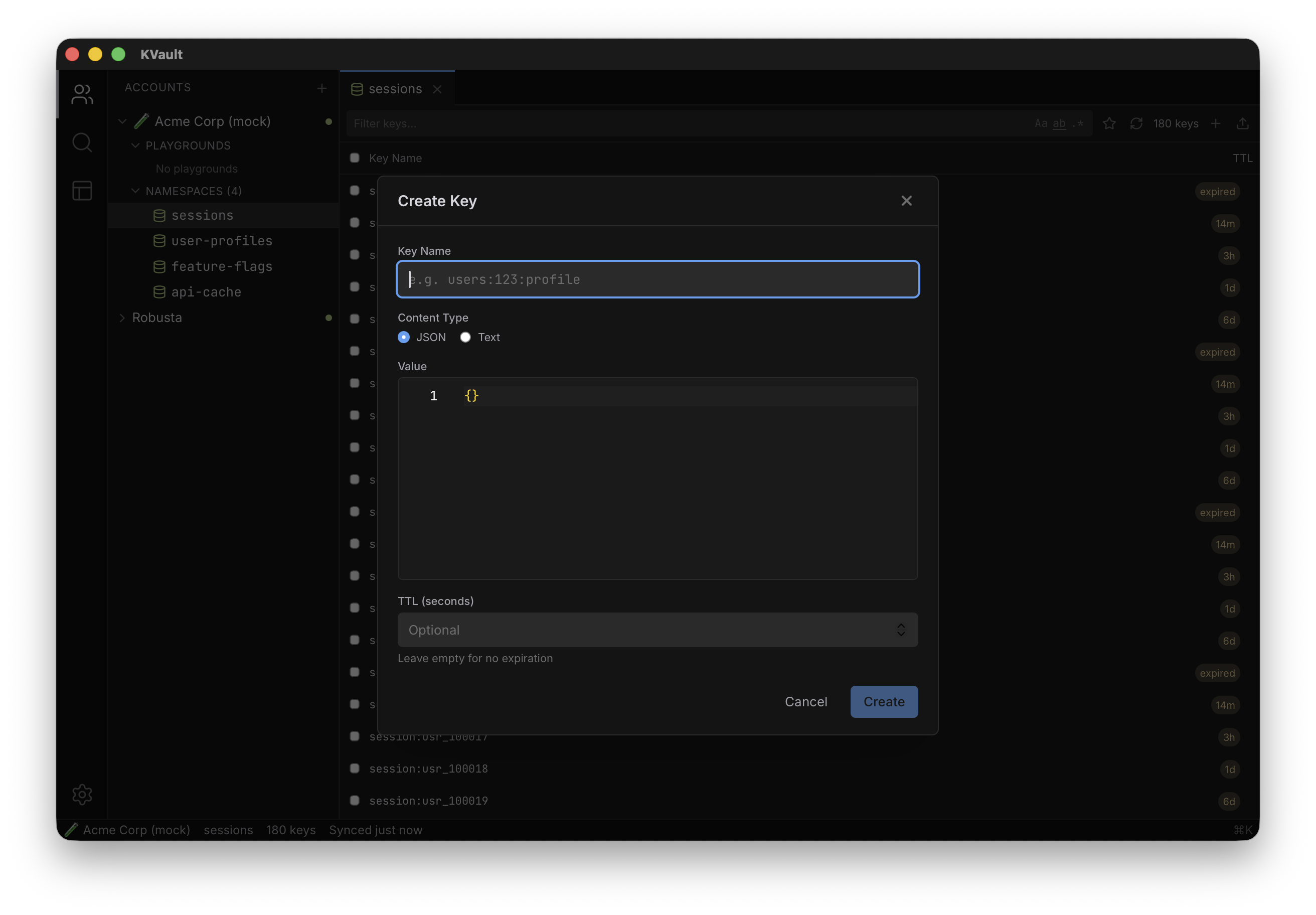 KVault create key dialog with name, value, and TTL fields