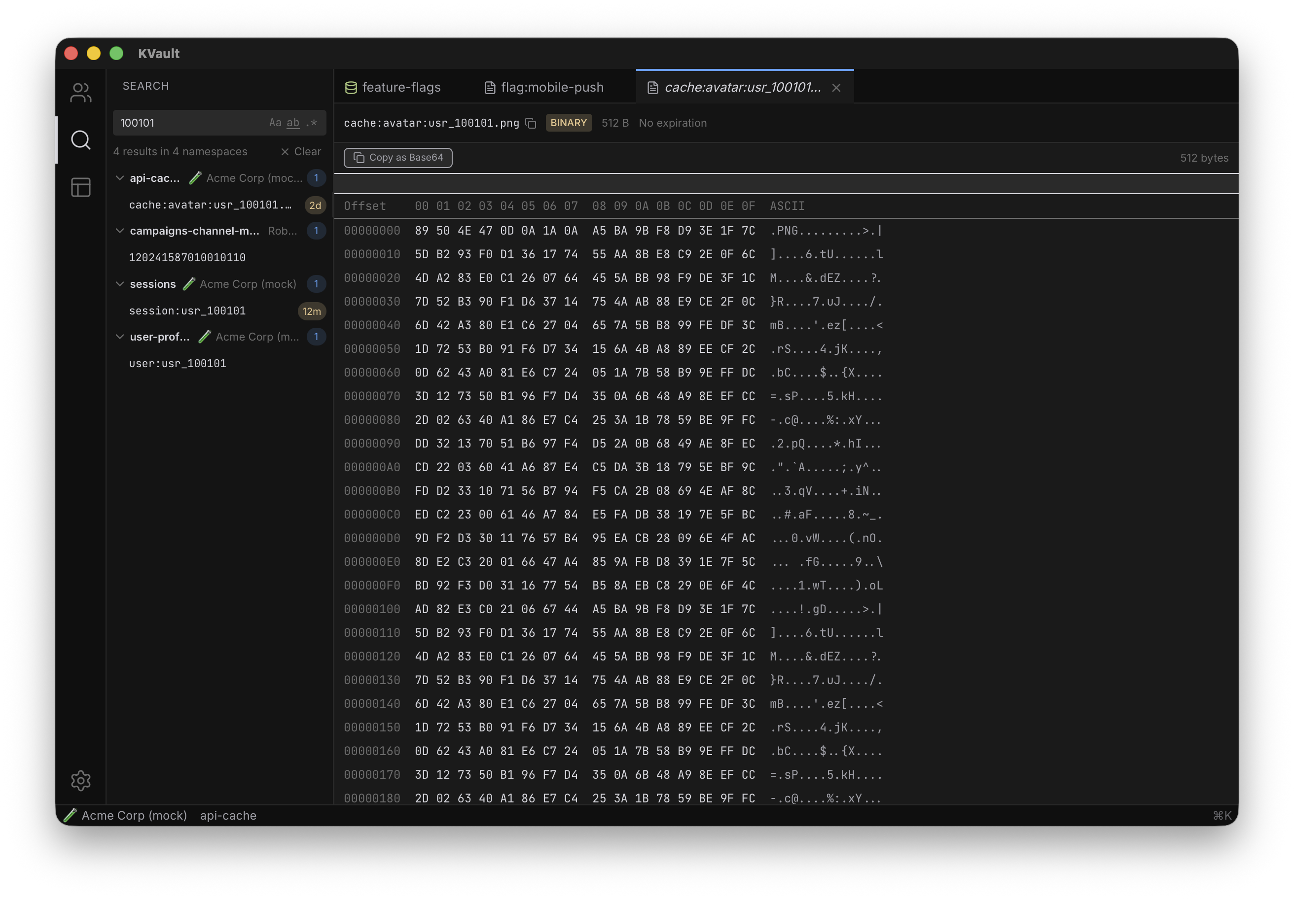 KVault global search results grouped by namespace with match counts