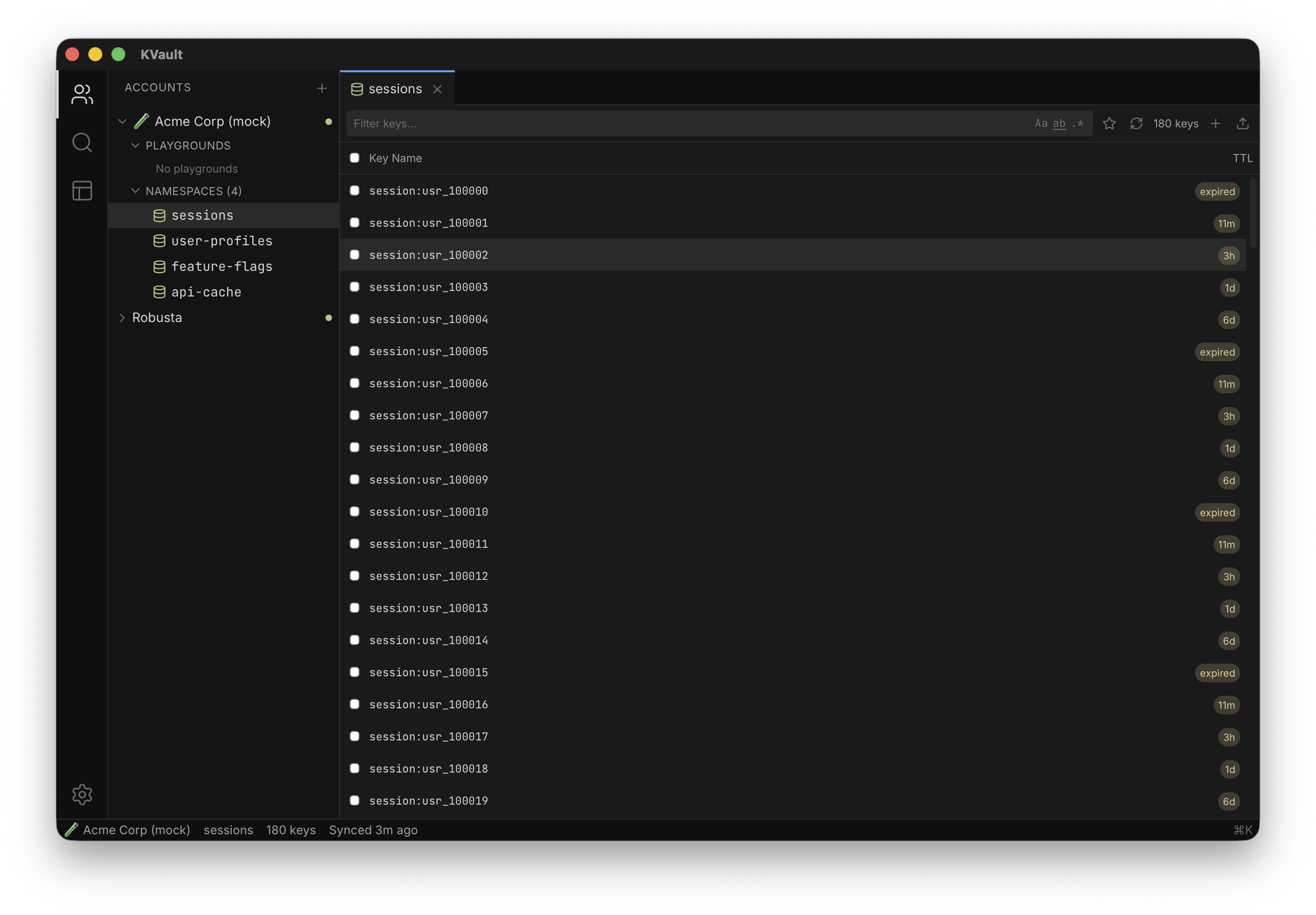 KVault key list with TTL badges shown inline next to each key