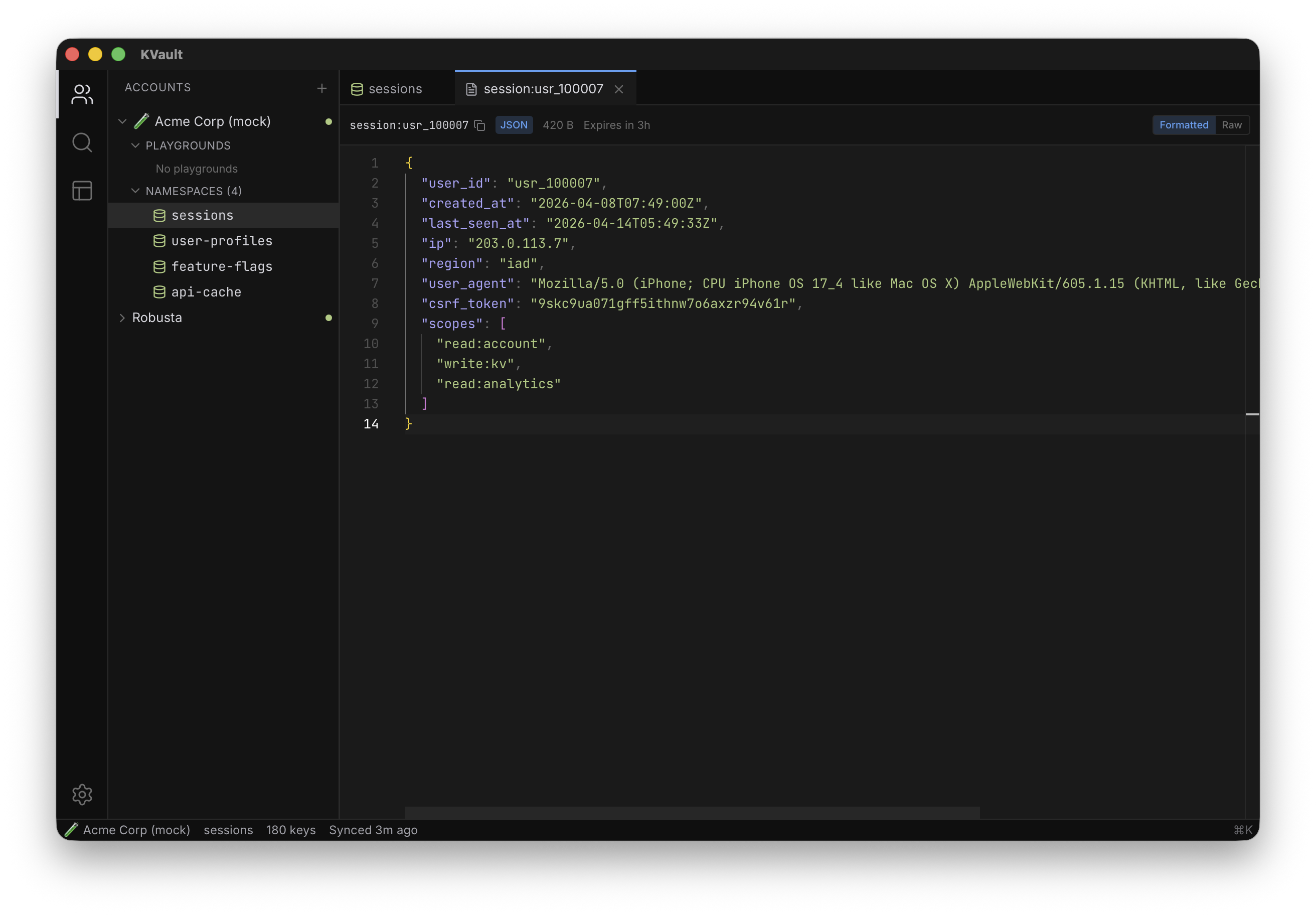 KVault code editor showing a JSON value with syntax highlighting