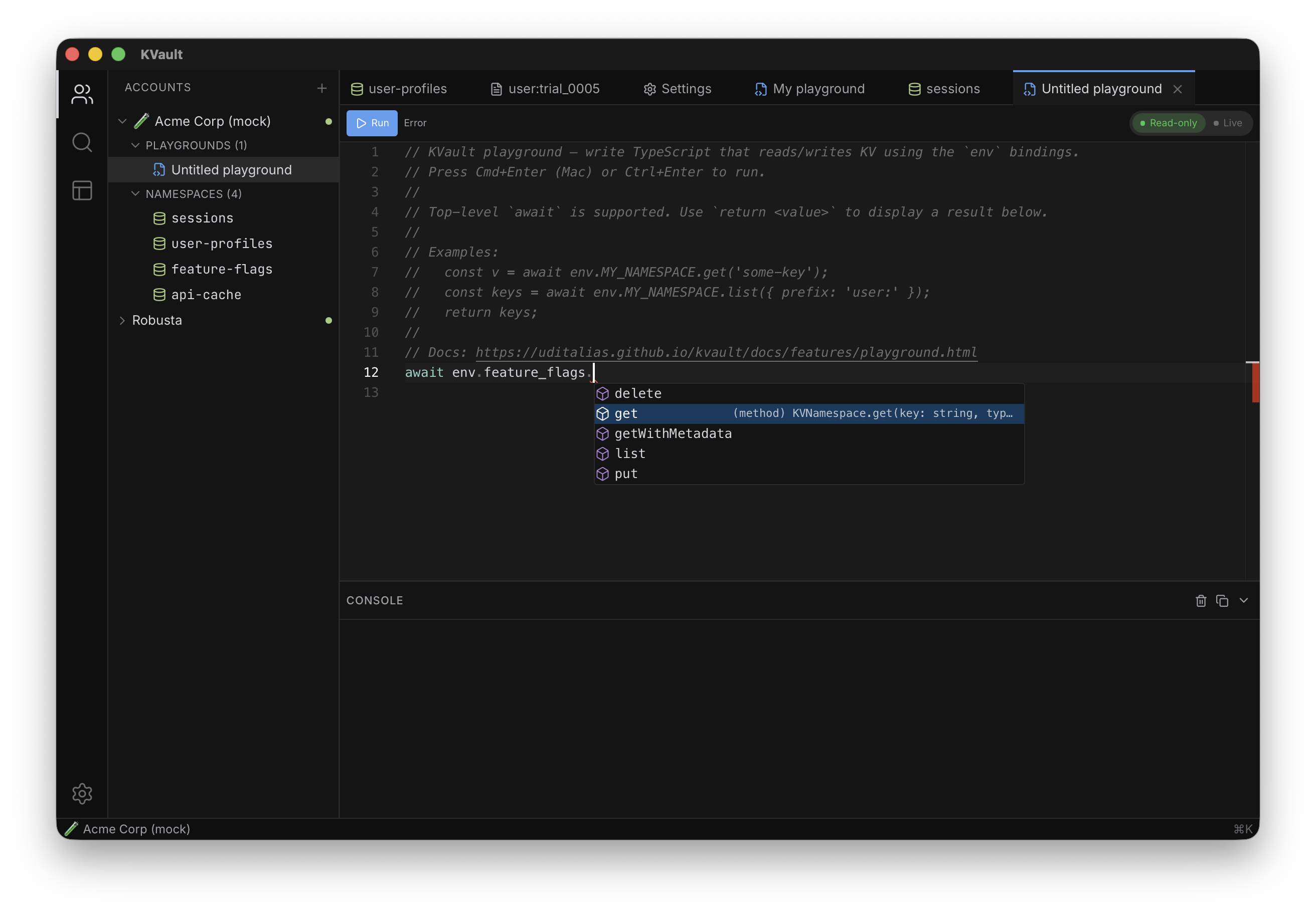 KVault playground with TypeScript IntelliSense showing the KV API on env.feature_flags