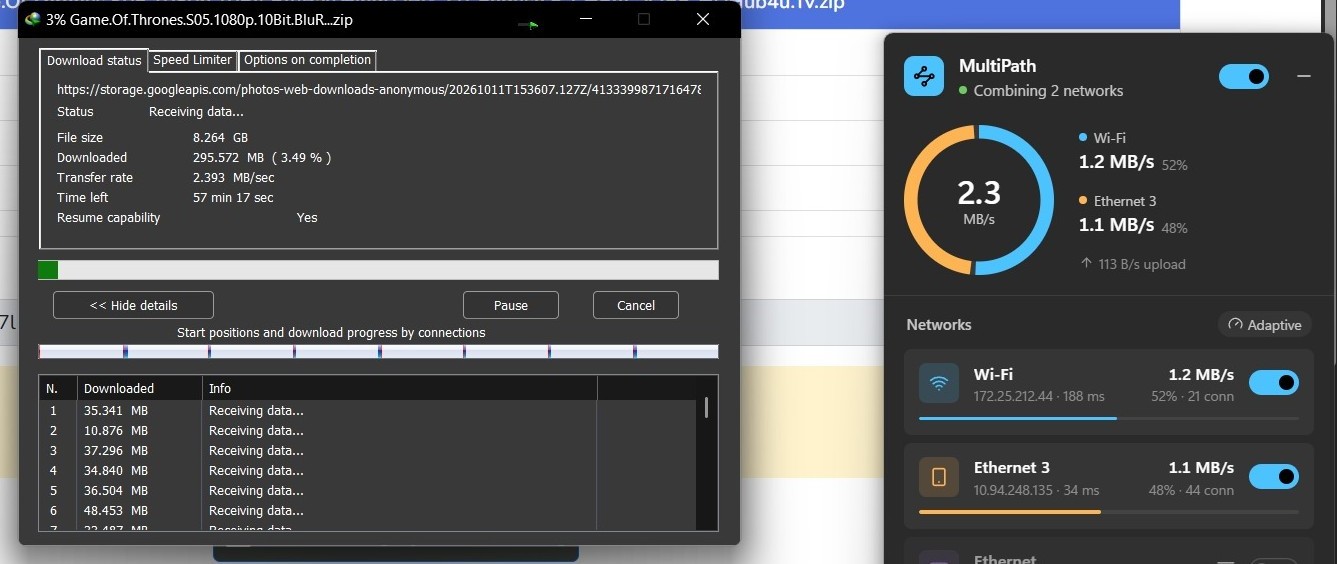 A download manager using several connections, split across Wi-Fi and a phone