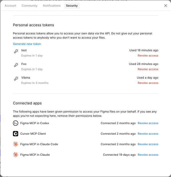 Figma Settings — Personal access tokens