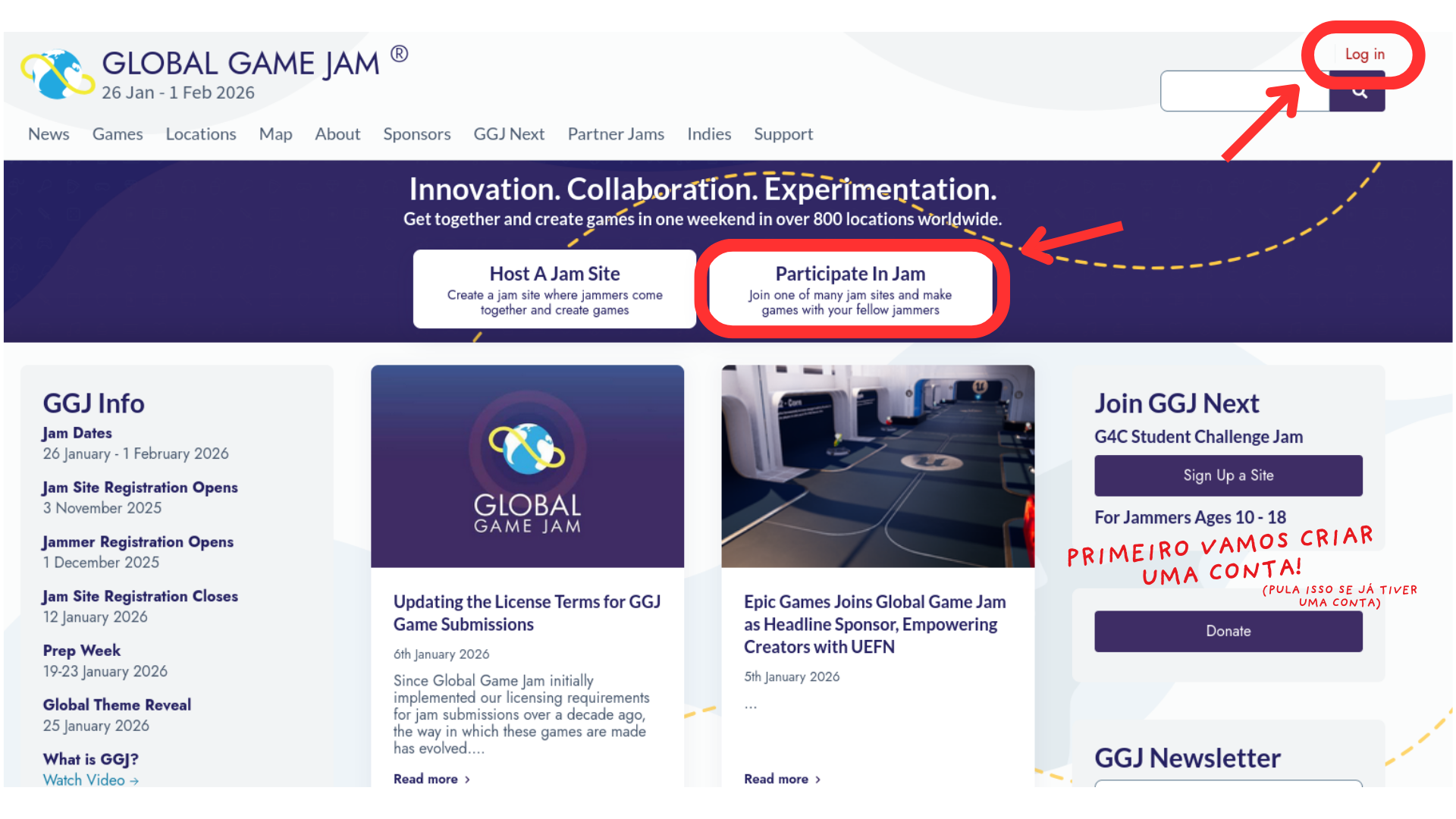 pagina inicial da ggj, dando destaque para os bot&otilde;es de login e participate in jam, que indicam como fazer login na ggj
