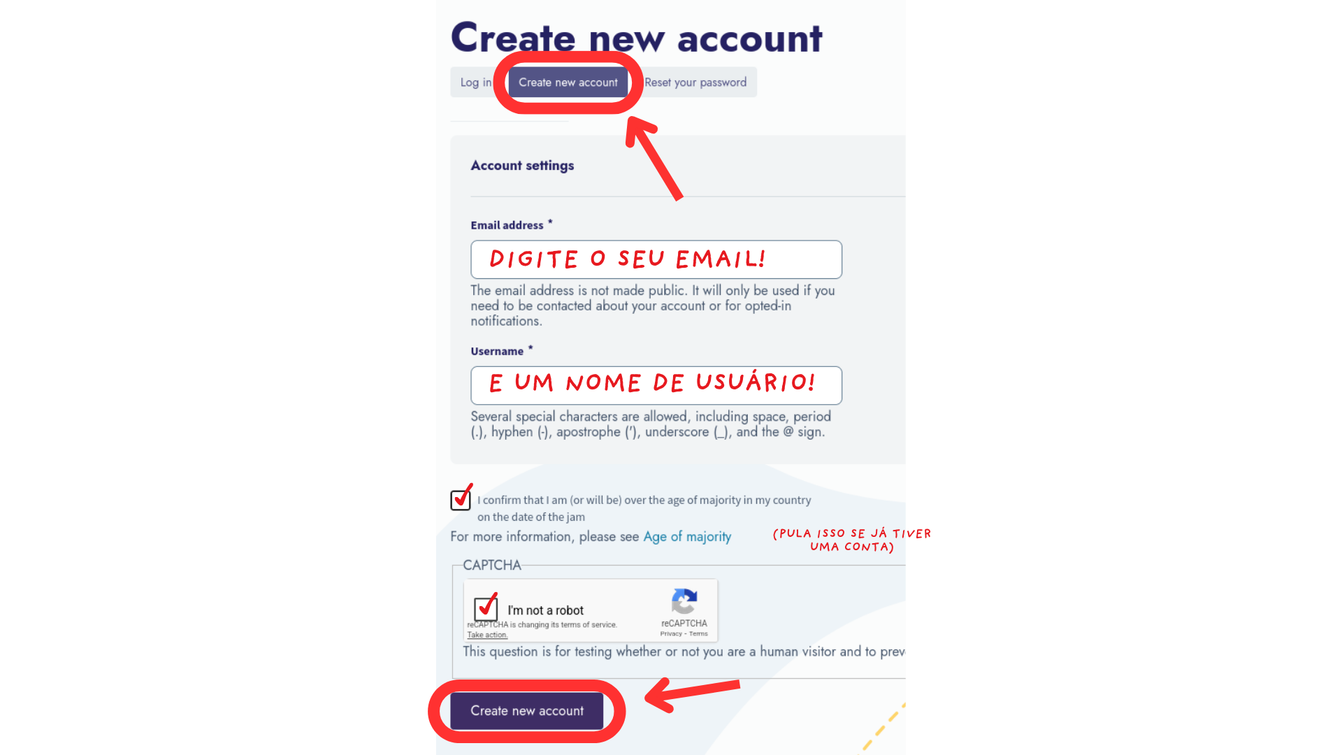 Imagem que mostra a pagina de Create new account, ela indica para clicar em 